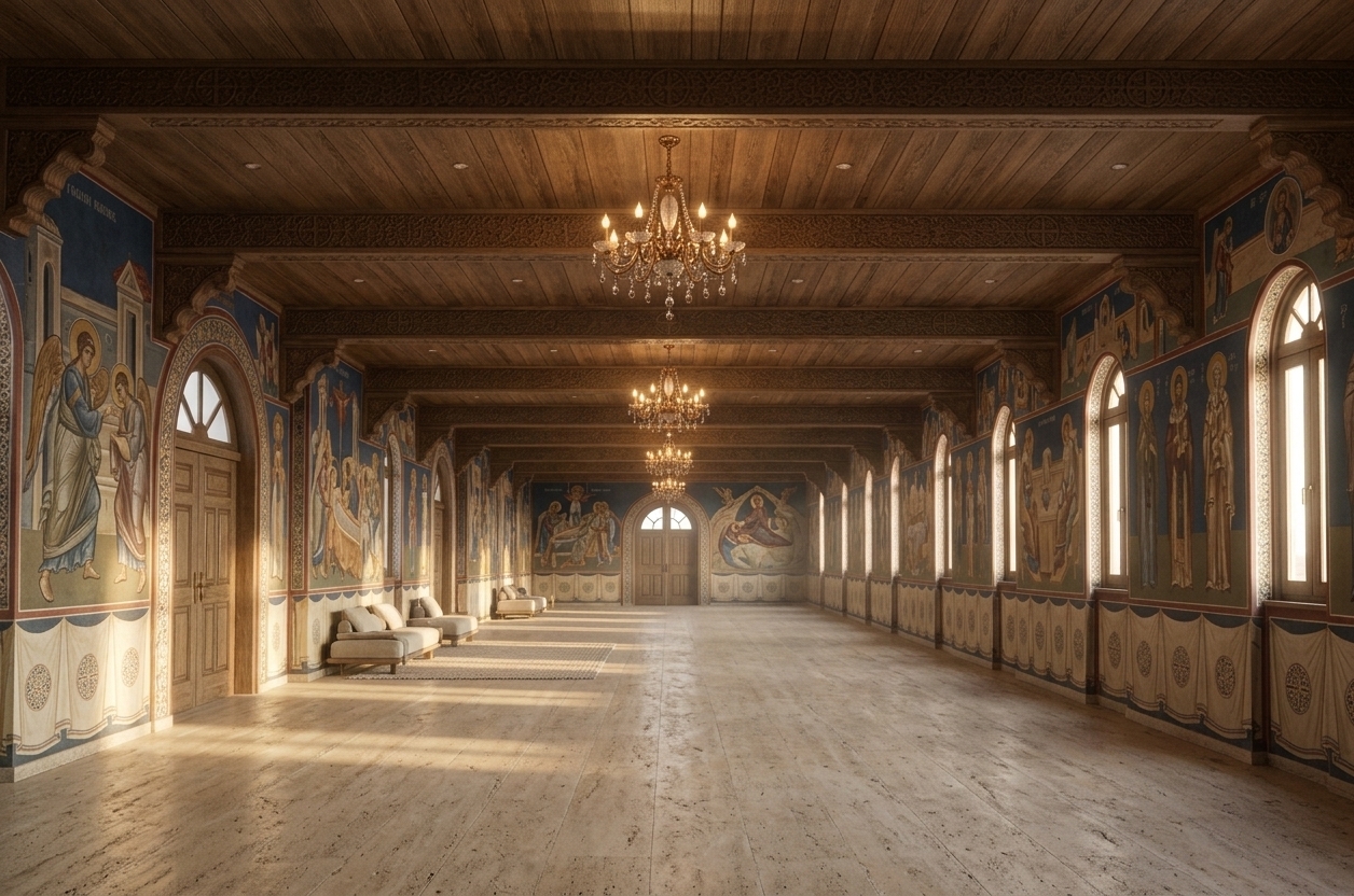 An incredibly lifelike, richly detailed, photorealistic wide-angle interior shot of a majestic grand living room hall set in a secluded desert retreat. The scene is illuminated by soft, golden late-afternoon daylight streaming through the tall arched windows, complemented by the warm, candle-like glow of the central crystal chandeliers, creating a serene, sacred, and deeply atmospheric ambiance. Captured with a 24mm architectural lens, emphasizing the tactile matte finish of the natural travertine stone flooring, the complex grain of the hand-carved wooden ceiling beams and brackets, and the expressive texture of the wall art. 

Maintaining the exact architectural proportions, beam placements, decorative brackets, arched openings, and chandelier sequence of the original space, the soaring plaster walls are now adorned with grand, breathtaking frescoes painted in the rich medieval Visoki Dečani style. These murals feature timeless Byzantine iconography with deep lapis lazuli blues, muted earth ochres, and subtle gold-leaf accents framing the doorways and arches. Beneath this artistic canopy, the polished floor is replaced with unpolished, hone-finished beige travertine stone, displaying raw, porous textures and organic veining without any surface shine. Subtle, modern desert-living furnishings—such as low-slung linen seating and hand-knotted wool rugs in neutral tones—are positioned thoughtfully along the sides, transforming this monumental sanctuary into an extraordinarily tranquil, elegant desert retreat living room.