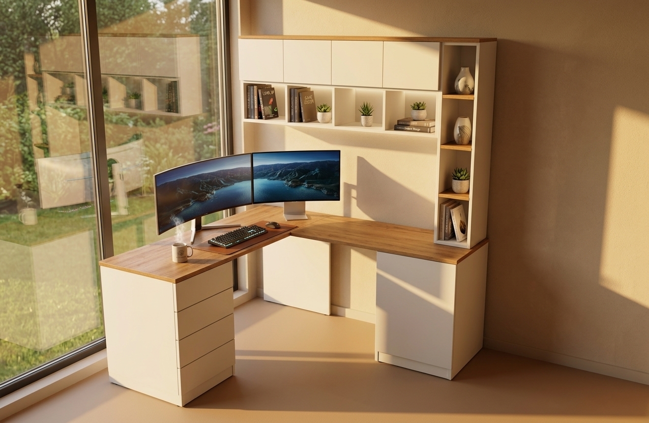 An incredibly lifelike, richly detailed, photorealistic wide-angle interior photo of a sleek, custom L-shaped modern fusion desk setup set in a stylish gaming room with a expansive panoramic window overlooking a lush summer garden. The scene is illuminated by warm, golden early morning sunlight streaming through the window during a serene summer sunrise, creating an inspiring, peaceful, and energizing atmosphere. Captured with a professional full-frame camera and a 24mm tilt-shift lens, emphasizing the smooth matte-white finishes, tactile warm oak wood grain countertops, crisp metallic accents on an ultra-wide curved gaming monitor setup, and soft reflections along the surfaces. The lower L-desk integrates four pull-out drawers and a clean-lined base cabinet, supporting a sleek desktop equipped with a modern computer, mechanical keyboard, and leather mousepad alongside a steaming coffee mug. Above, the wall-mounted cabinet system—featuring upper closed doors, open under-cubbies, and a connected tall vertical shelf tower—is thoughtfully styled with stacked hardcover books, potted succulents, subtle ambient LED backlight strips, and elegant ceramic art pieces that cast long, soft shadows across the warm, sun-drenched room.