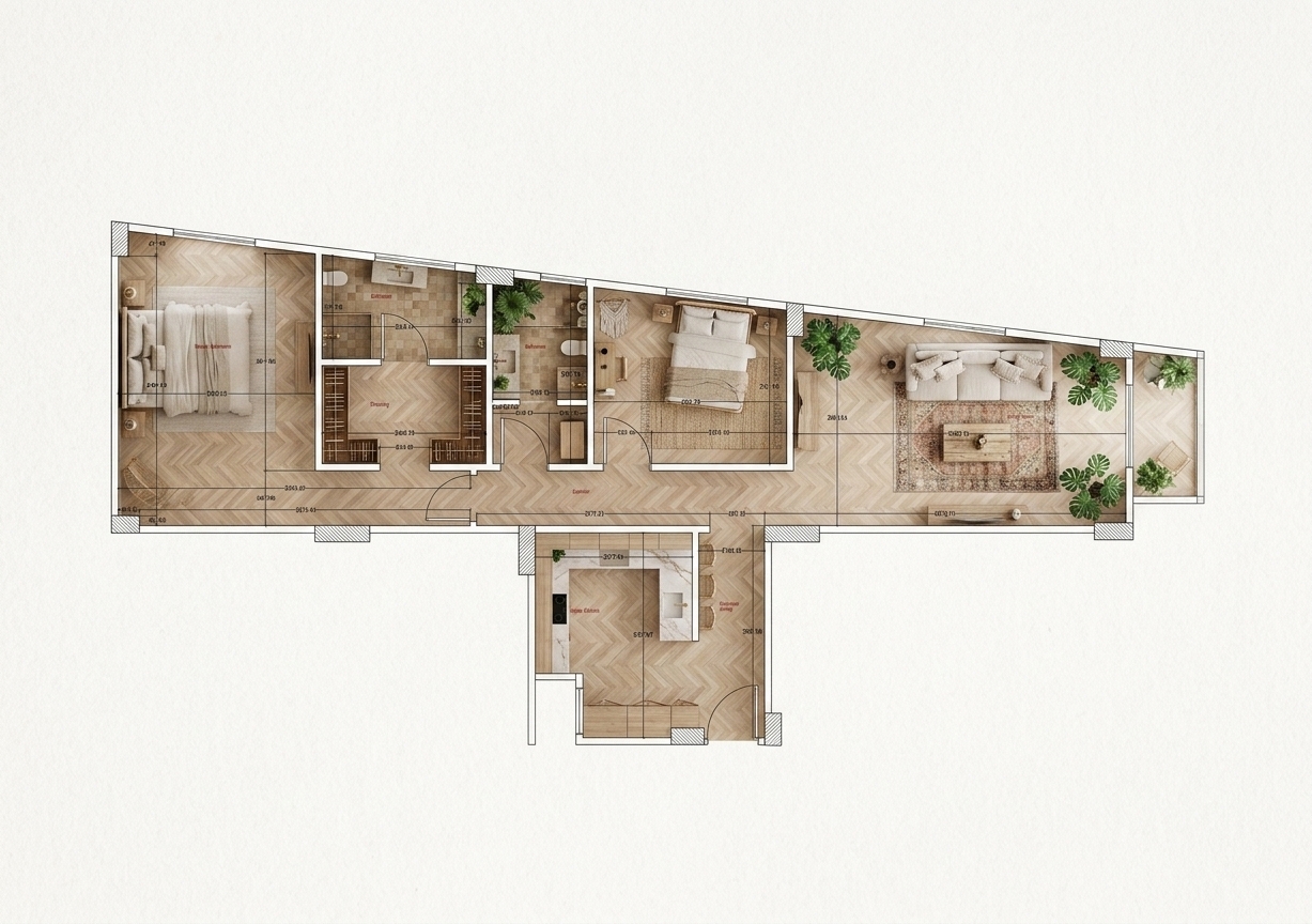 An incredibly lifelike, richly detailed, photorealistic top-down architectural orthographic view of a modern fully furnished apartment floorplan set in a bright, sunlit penthouse setting. The scene is illuminated by soft, diffuse natural light pouring through large window openings, creating a serene, inviting Bohemian oasis atmosphere. Captured with a high-resolution architectural lens, emphasizing intricate furniture layouts, rich textile textures, warm light-wood herringbone flooring, and organic interior design details.

The layout begins at the entrance lobby, opening directly into a contemporary open kitchen styled with light timber cabinetry, marble countertops, and woven rattan barstools. Moving through the central corridor, the far-right living room unfolds as a spacious Bohemian haven featuring a plush low-profile linen sectional layered with textured fringe pillows, a vintage distressed oriental rug, a reclaimed wooden coffee table, and large potted monsteras basking near the window. To the left, the master bedroom is beautifully appointed with a king-size bed draped in neutral linen layers, seamlessly connecting to a dedicated dressing room with open teak wardrobes and a luxurious en-suite bathroom adorned with earthy zellige tiles and a stone vanity. The middle bedroom presents a relaxed aesthetic with a woven rattan bedhead and macrame wall hangings, served by a well-detailed central bathroom complete with brass fixtures and lush indoor greenery.