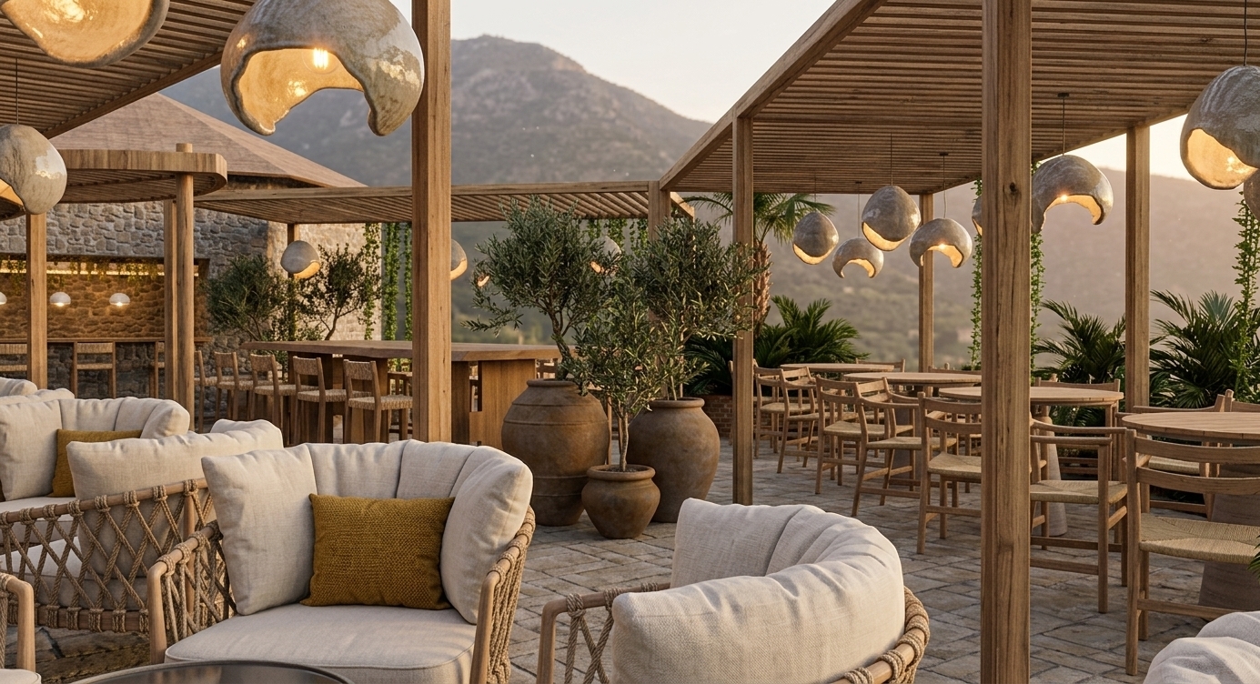 A photorealistic eye-level photograph of an upscale outdoor mountain terrace bar captured during golden hour, perfectly preserving the exact architectural structure, camera position, and composition. Warm, low-angled sunlight streams through slatted timber pergolas, casting crisp linear shadow patterns across the stone paved floor. The outdoor lounge features woven rope armchairs filled with plush, off-white linen cushions and rich mustard-yellow accent pillows with visible fabric grain and subtle natural creases. Sculptural, hand-formed terracotta pendant lamps hang from the wooden ceiling beams, giving off a delicate interior glow that harmonizes with the warm ambient light. Large weathered clay urns with authentic mineral patina and aged textures host potted olive trees whose silvery-green foliage catches the soft backlighting. In the background, rugged natural stone walls and an arid semi-desert mountain landscape fade into a warm, hazy golden horizon. Shot with a professional full-frame camera and a wide-angle lens, the image displays natural atmospheric depth, soft lens bloom, fine surface micro-textures on wood and fabric, and gentle vignetting.