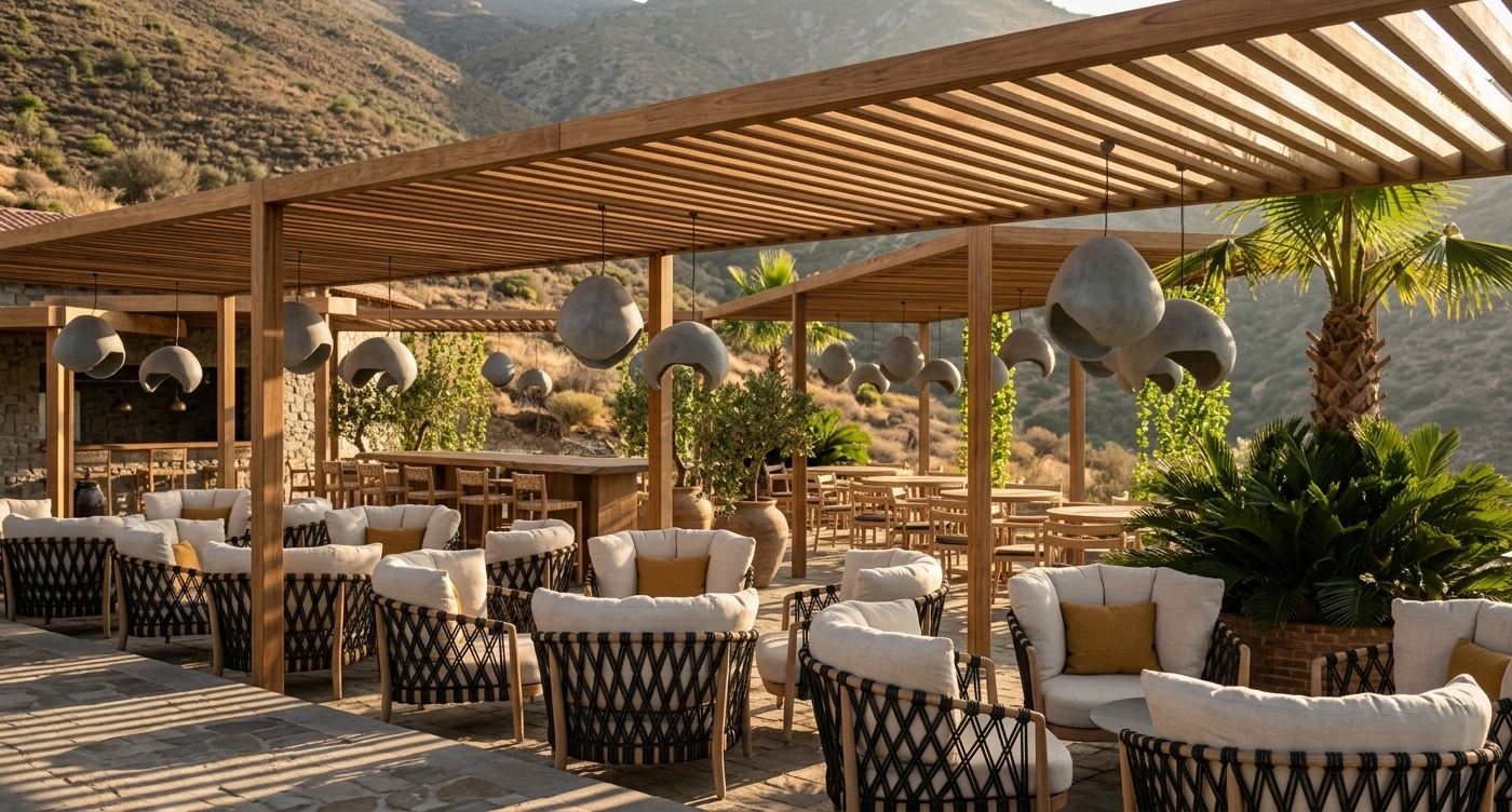 A high-resolution photograph capturing this luxury outdoor bar-terrace nestled against a dramatic semi-desert mountain landscape during the warm ambient light of golden hour. Low-angled sunlight streams through the slatted timber pergola, casting crisp, rhythmic slatted shadows across the textured stone paved floor and plush seating area. The wooden posts and ceiling slats feature visible micro-textures of natural grain, slight imperfections, and a matte finish. Beneath the structure, the woven black rope armchairs are fitted with soft, off-white linen cushions and rich ochre accent pillows displaying realistic fabric folds and gentle wear. Sculptural, organic clay pendant lamps hang from thin dark cords, softly catching the warm golden highlights on their matte ceramic surfaces. Lush potted plants, including a sago palm in a weathered terracotta container and olive trees in rustic urns, show vibrant green leaves with subtle translucency where the golden light hits them. In the shaded depth, the stone-walled bar counter and tall wooden barstools remain clearly visible, while the arid, sunbaked mountain slopes rise steeply in the background under a soft, dusty evening haze. The composition, perspective, and camera angle are preserved exactly, captured with a realistic full-frame camera look that includes subtle lens vignetting, fine grain, micro-contrast in deep shadows, and realistic exposure handling.