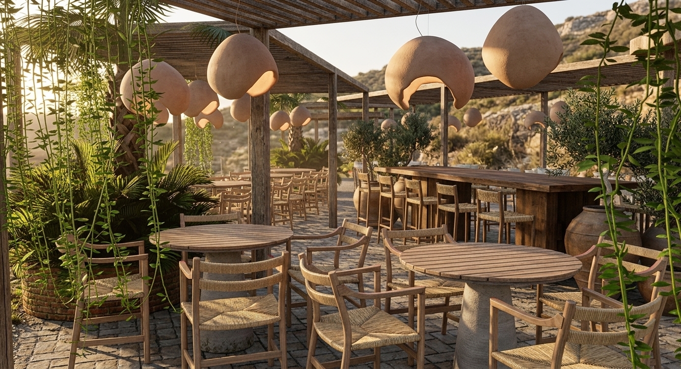A photorealistic wide-angle photograph capturing this outdoor terrace bar during golden hour, perfectly preserving the exact composition, camera angle, and layout of the scene. Warm, low-angled golden sunlight filters softly through the slatted wooden pergola and dense foliage, casting long, soft-edged shadows and creating a rich amber glow across the space. The light wooden dining tables with thick light-grey plaster bases and the natural woven cane-seat chairs display detailed, tactile wood grain and fibrous textures. Suspended overhead, the organic, hand-sculpted ceramic pendant light fixtures exhibit realistic micro-textures of raw unglazed clay with soft ambient illumination glowing from within. To the right, the rich timber bar counter and tall woven bar stools are bathed in late-afternoon warmth alongside weathered terracotta amphora pots resting on the paved stone floor. Lush green tropical plants, palm fronds, and delicate hanging vines showcase realistic botanical detail with backlit translucent leaves catching the warm sunlight. In the background, visible through the pergola framework, a sun-drenched semi-desert mountain landscape unfolds under the late-afternoon sky. Shot with a professional full-frame camera and 35mm focal length, the scene features natural depth of field, subtle lens flare, gentle dust motes dancing in the sunbeams, and authentic material imperfections for an undeniable photographic quality.