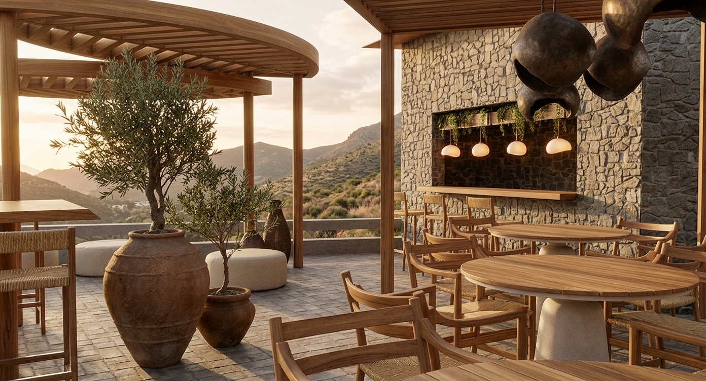 A high-end architectural photograph of an open-air mountain bar terrace captured during golden hour, bathed in warm, low-angled sunlight casting long, soft shadows across the stone patio floor. The surrounding landscape features dry, semi-desert mountains softened by a light atmospheric heat haze in the background. The slatted wooden pergolas and furniture exhibit realistic natural teak grain textures, subtle weathering, and matte finishes, with woven straw seating showing detailed organic fiber weave. The feature wall is built from irregular, rough-cut natural grey and earthy brown fieldstones with realistic mortar lines and tactile surface depth. Large terracotta clay urns display authentic porous textures, gentle dust deposits, and aged patinas, holding slender olive trees with silvery-green leaves backlit by the golden light. Soft warm light glows gently from the small globe pendant lamps inside the bar cutout, complementing the low sun. Captured with a professional full-frame camera and wide-angle lens, featuring realistic depth of field, natural lens bloom on bright highlights, subtle photographic grain, and gentle corner vignetting that anchors the cinematic, rustic-luxury outdoor ambiance.