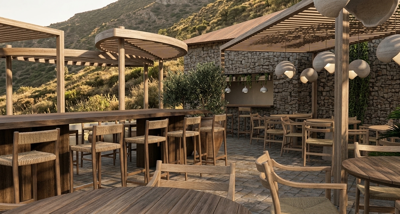 A professional architectural photograph capturing an open-air terrace bar situated against a semi-desert, arid mountain landscape during late afternoon golden hour. Warm, low-slanted sunlight filters through the slatted timber pergolas and circular slatted canopy structures, casting soft, intricate dappled shadows across the stone-paved floor and dark wooden bar top. The natural materials are rendered with tactile realistic physics: matte oak and teak surfaces with subtle weathered grain on the tables, bar counter, and chair frames; fine woven fiber and rope textures on the bar stool seats; and a rough-hewn, textured stone wall with realistic mortar depth. Organic clay pendant lamps hang underneath the shaded canopy, complementing the lush olive tree in a terracotta pot and climbing greenery along the wall. The ambient atmosphere is bathed in a warm 3500K color temperature with gentle atmospheric haze softly obscuring the distant dry hills. Shot on a wide-angle 24mm lens with crisp edge-to-edge sharpness, natural exposure, faint dust motes catching the golden light beams, and subtle vignetting that enhances the cinematic, warm evening mood.