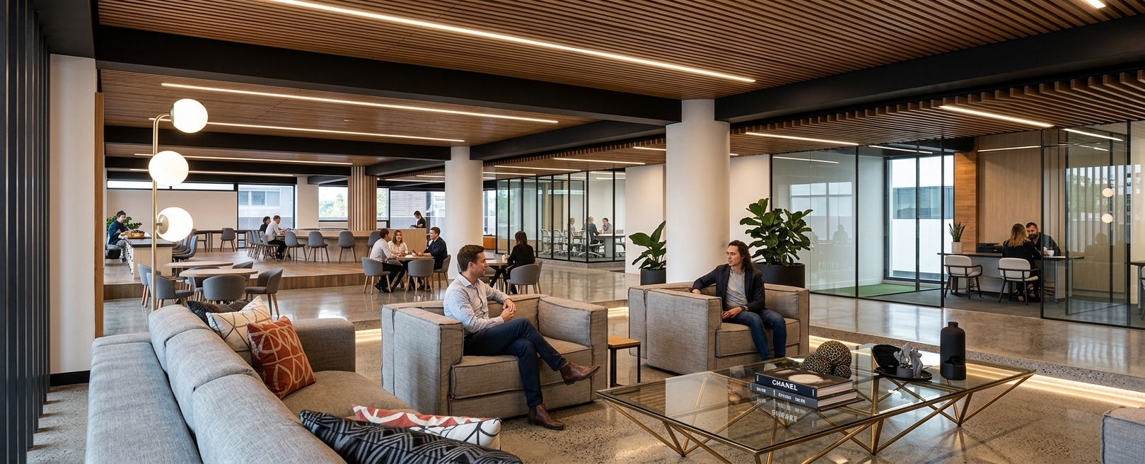 A professional architectural interior photograph captured with a 24mm wide-angle lens at eye level, preserving the exact camera angle, perspective, and composition of the scene. The modern open-concept lounge and workspace is alive with people naturally integrated into the environment, including individuals casually seated and conversing on the grey plush armchairs and dark upholstered sofa in the foreground, as well as people working and sitting at the round cafe tables and office chairs in the background. The ceiling features warm, warm-toned timber slat acoustic panels with embedded linear LED strip lighting and subtle recessed downlights, illuminating the dark structural ceiling beams and casting a soft glow across the polished concrete floor. Diffused natural daylight filters in through the glass partition walls, mixing gently with the warm 3000K interior lighting. Textures are crisp and realistic: fine fabric weaves and subtle seat creases on the grey upholstery, vibrant patterned accent pillows, brushed brass geometric coffee table bases with reflections on the glass tabletop, and realistic transparent glass walls showing clear, subtle reflections of the vibrant interior atmosphere.