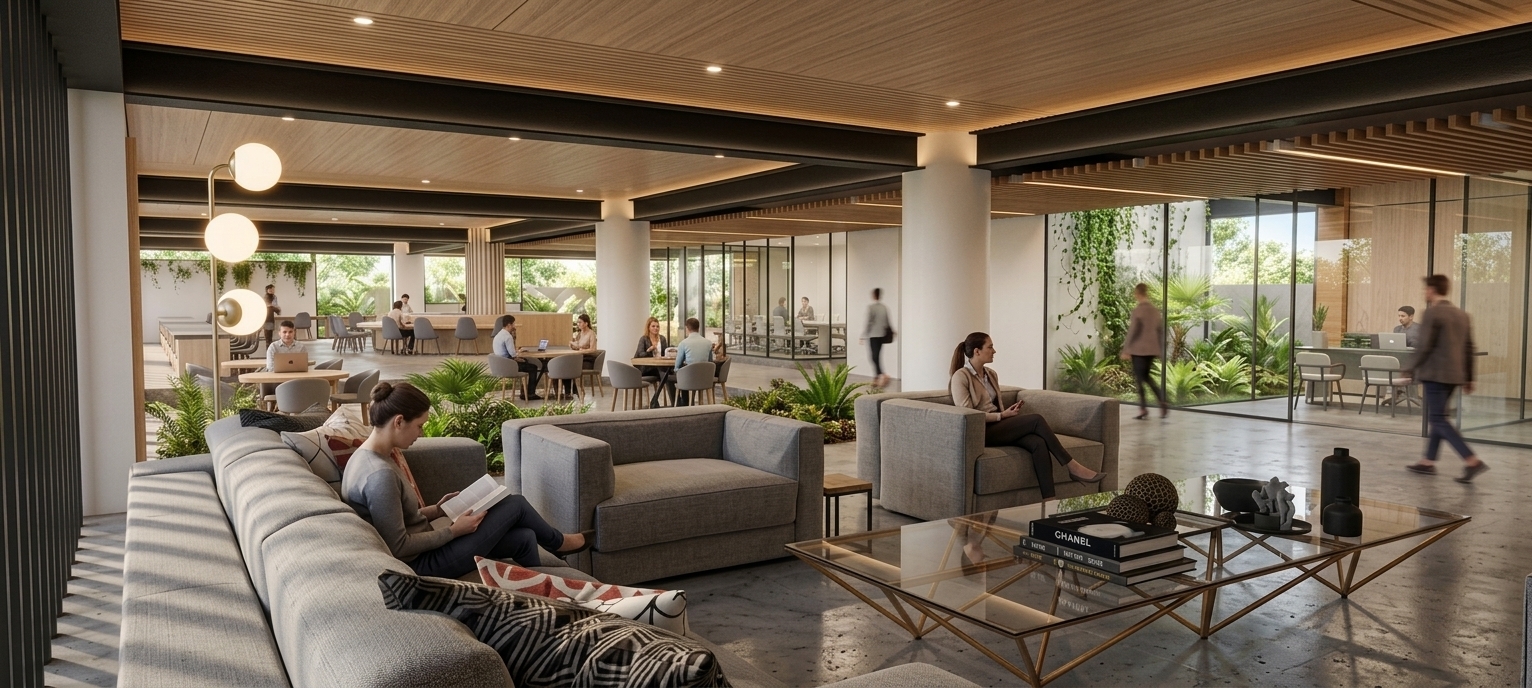 A professional architectural photograph of the expansive, modern office lounge, maintaining the precise composition, camera perspective, and spatial layout of the original scene. The structural ceiling beams are refinished in a sophisticated matte black coated steel, contrasting elegantly against warm linear wood slat paneling integrated across the ceiling soffits. Soft, balanced warm interior cove lighting and recessed spots cast subtle, realistic gradients across the ceiling surfaces, harmonizing with natural daylight streaming through the floor-to-ceiling glass partitions. The gray upholstered sofas display tactile weave micro-textures with realistic fabric folds and gentle wear, while the brass and glass coffee table shows subtle reflections and faint surface smudges. Photographed on a full-frame camera with a 24mm wide-angle lens, the image features authentic physical material realism—polished concrete floor reflections with slight sheen, natural foliage textures in the indoor planters, subtle lens vignetting at the corners, and an authentic film-like micro-grain, ensuring a completely believable architectural capture.