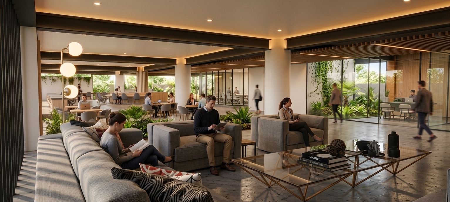 A professional, photorealistic wide-angle architectural photograph capturing the modern open-concept lounge area exactly as framed, shot on a full-frame camera with a 24mm lens at f/8 for sharp clarity throughout. The structural ceiling beams running across the space are finished in a sleek matte black, while the decorative ceiling wooden slats and paneling feature rich, dark brown wood tones with visible natural grain textures. On the central grey block armchair that was previously empty, a professional man in business casual attire is now comfortably seated, blending naturally into the environment alongside the woman reading on the adjacent sectional couch. Warm interior lighting emanates from soft recessed ceiling spotlights, indirect LED coves, and the warm glow of the modern brass floor lamp with spherical glass diffusers, balanced by cool, diffused daylight filtering through the floor-to-ceiling glass partitions and lush interior courtyards. Surfaces exhibit authentic physical realism, including realistic micro-scratches and gentle sheen on the polished concrete floor, tactile fabric weaves with subtle natural creases on the upholstered furniture, and crisp refractions on the glass coffee table holding art books and decorative objects. Faint natural lens vignetting, accurate depth of field, and balanced color contrast make the image look like an authentic, high-end architectural photograph.