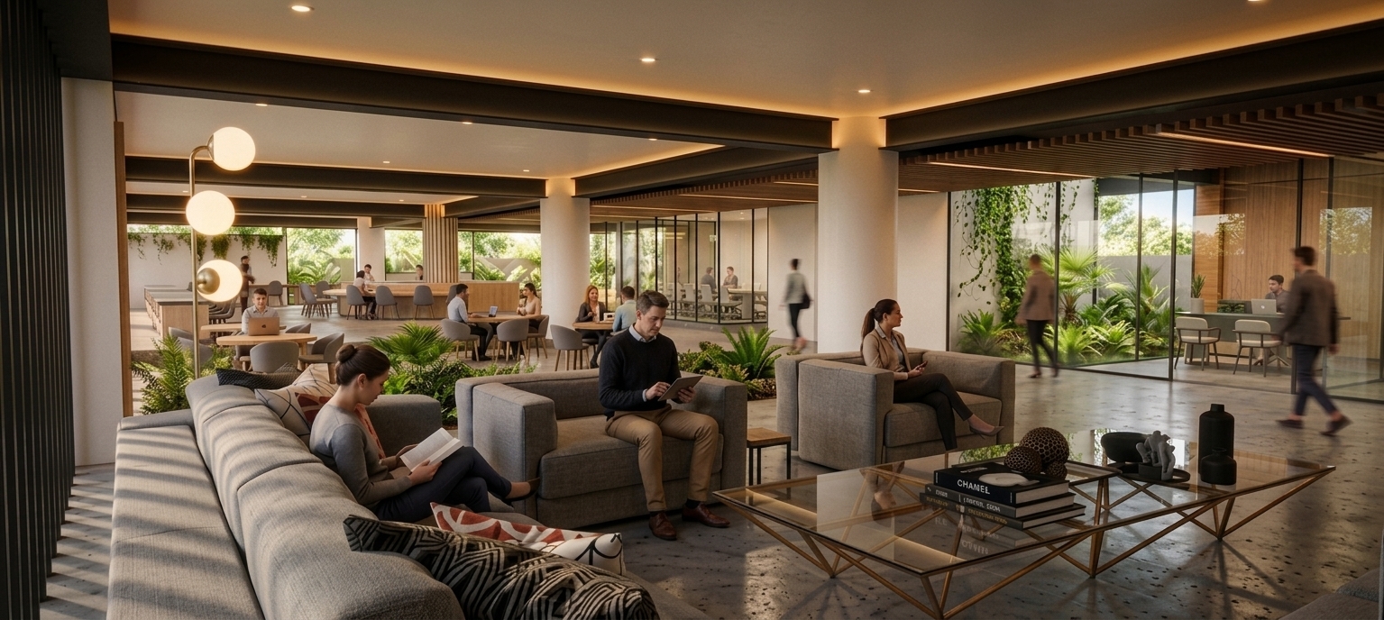 A professional architectural photograph captured with a 24mm wide-angle tilt-shift lens on a full-frame camera, maintaining the exact perspective, framing, and layout of the original scene. The exposed steel ceiling structural beams are finished in a sleek matte black, complemented by dark brown wood slat accent paneling running along the upper ceiling channels and recessed soffits. Warm 2700K LED cove lighting and recessed ceiling spotlights cast a soft, inviting glow across the spacious modern office lounge, complemented by the warm radiance of three stacked globe floor lamps on a brushed brass stand. In the deep background around the curved communal work table, additional professionals are comfortably seated working on laptops, seamlessly joining the existing occupants scattered across gray upholstered sofas and armchairs. Lush indoor tropical plantings behind glass partitions display rich leaf micro-textures and soft reflections. The foreground features a polished concrete floor with subtle speckles, faint scuffs, and realistic ambient reflections beneath a geometric brass and glass coffee table holding magazines and decor objects. Subtle photographic touches—faint optical vignetting, realistic motion blur on walking figures, gentle depth of field, and micro-grain—give the interior scene an authentic, high-end editorial feel.