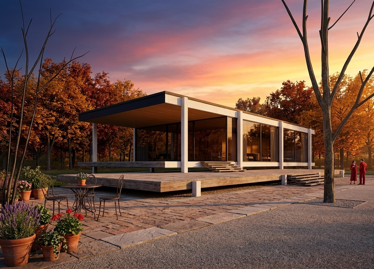 An incredibly lifelike, richly detailed, photorealistic wide-angle architectural photo of a charming French country patio set in a tranquil estate. The scene is illuminated by the warm, golden glow of a low-hanging sunset, creating a serene and romantic atmosphere. Captured with a full-frame camera and a 35mm lens, emphasizing the crisp texture of the whitewashed stucco facade, weathered terracotta roof tiles, and the rustic stone paving beneath. 

On the inviting outdoor patio, a delicate dark wrought-iron table and two matching bistro chairs rest comfortably amidst an array of lush terracotta potted plants. Soft shadows stretch across the ground as the fading daylight washes over the elegant arches and the flower-adorned upper balcony. Flanking the villa, vibrant autumn trees burst with rich shades of amber, crimson, and burnt orange, their leaves gently catching the evening light. In the background, the horizon melts into a striking sunset sky painted in gradients of deep indigo, dusty rose, and brilliant warm gold, casting a picturesque glow over the entire peaceful retreat.