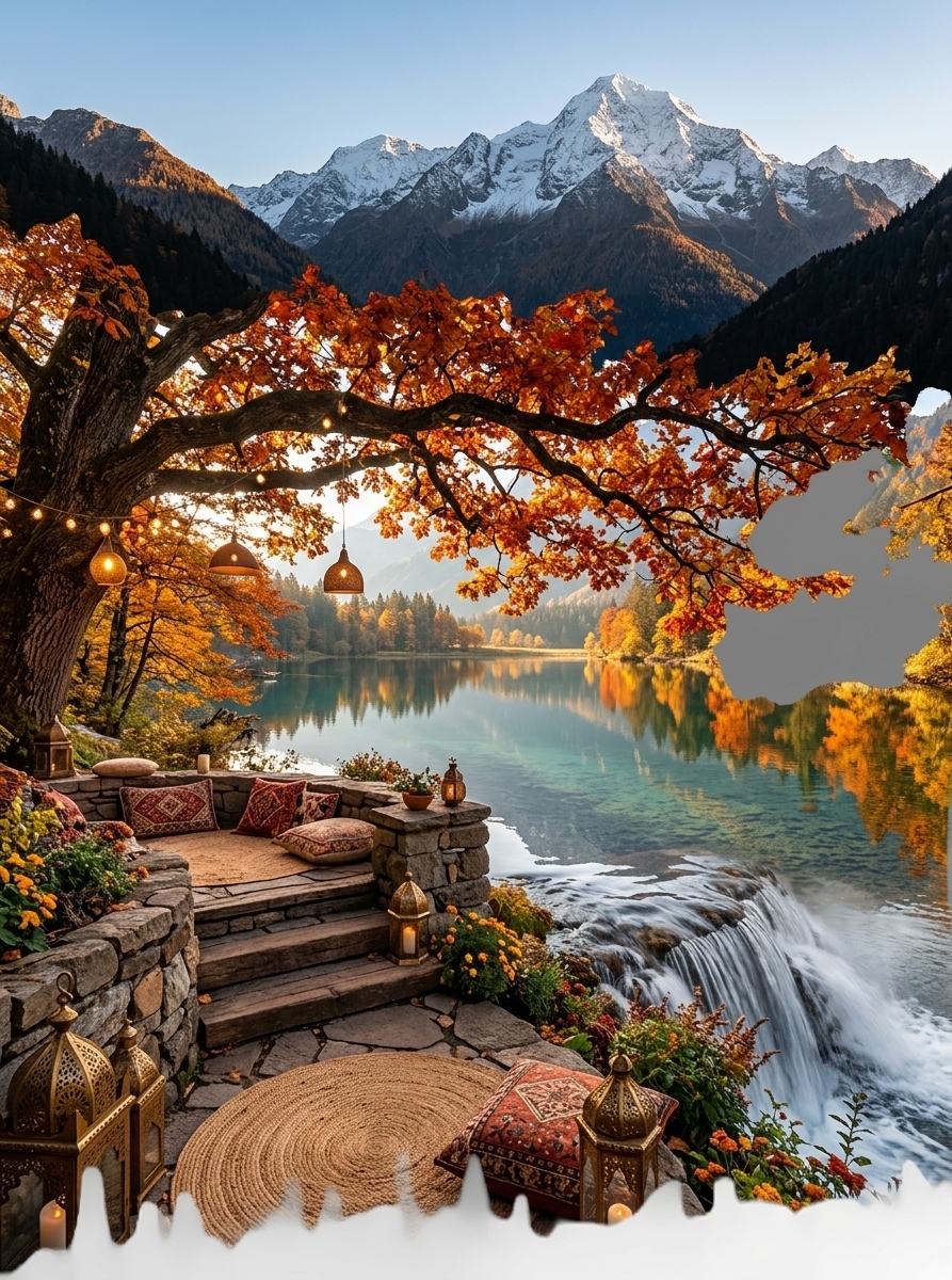 An incredibly lifelike, richly detailed, photorealistic wide-angle landscape photograph of a cozy bohemian outdoor patio and terraced garden set in a breathtaking alpine landscape with a cascading waterfall, crystal-clear lake, vibrant autumn foliage, and a majestic snow-capped mountain peak. The scene is illuminated by the soft golden-hour light filtering through fiery foliage, harmoniously blended with the warm, golden glow of ambient Moroccan brass lanterns, woven rattan pendant lamps, and delicate string lights, creating a serene, magical, and inviting oasis atmosphere. Captured with a professional wide-angle camera lens, emphasizing the rich textures of natural stone terrace steps, intricate macrame weaves, weather-beaten wood decking, silky rushing water, and crisp mountain peak reflections.

In the foreground, a multi-tiered stone and timber patio extends seamlessly toward the edge of the cascading waterfall. On the terrace, a luxurious Bohemian lounge area is arranged with low teak-wood seating adorned with plush ivory cushions, rich rust and terracotta-patterned throw pillows, and layered jute and vintage Persian floor rugs. Intricate macrame plant hangers suspended from a rustic wooden pergola overhead hold trailing greenery, while warm brass lanterns with flickering candles line the terraced stone steps. Adjacent to the seating, a tiered garden blooming with rich red flora and ornamental grasses weaves along the shoreline. In the midground, the tranquil, mirror-like lake reflects the fiery orange and red leaves of vibrant autumn trees, leading the eye toward the towering, snow-dusted peak rising dramatically into a clear blue sky.