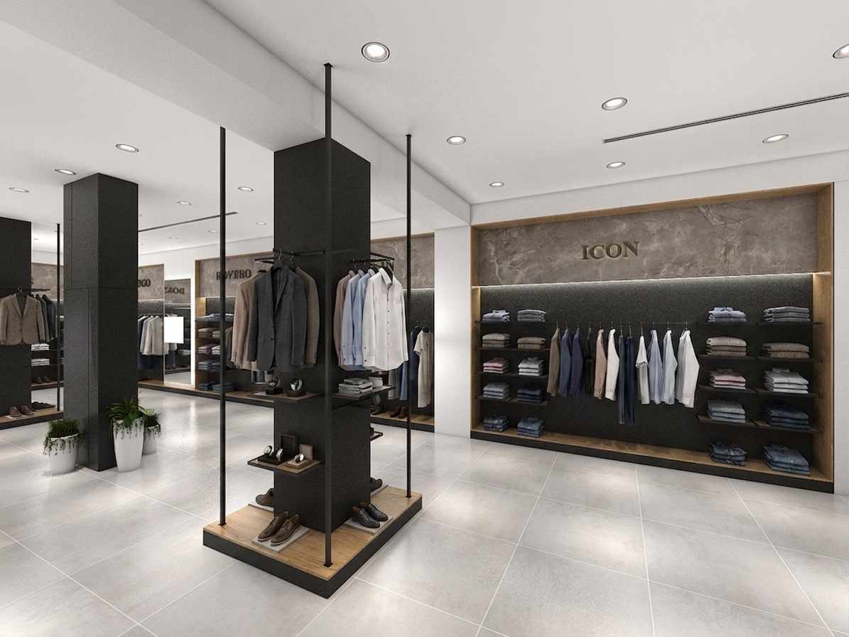 A professional wide-angle architectural photograph capturing the high-end retail store interior from the exact original camera perspective, now fully dressed with luxury apparel. The dark wall niches, wall shelves, and black display racks around the central columns are meticulously filled with neatly folded designer clothing on the shelves and stylishly hung garments on dark minimalist hangers along the rails. The recessed ceiling spotlights are brightened, casting crisp, warm pools of light that accentuate the textures of the folded knits and hanging jackets, while warm accent halo lighting highlights the metallic wall logos like "ICON" against the polished grey marble backdrops. The scene is captured using a 24mm architectural lens, maintaining perfect vertical alignment and sharp depth of field. Natural, photorealistic surface details are present throughout: subtle specular reflections on the glossy floor tiles, organic wood grain textures on the light oak shelves, fine fabric weaves on the displayed clothing, micro-textured matte finishes on the black steel pillars, and vibrant glossy leaves on the potted plants. Faint lens vignetting, soft atmospheric light diffusion, and imperceptible physical imperfections like subtle floor tile reflection variations give the image an unmistakably real, high-end commercial photograph appearance.