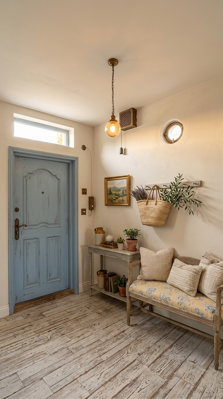 An incredibly lifelike, richly detailed, photorealistic wide-angle interior shot of a transformed mudroom set in a charming French provincial cottage. The scene is illuminated by gentle late-afternoon golden sunlight streaming from a glass transom window, complemented by the warm, amber glow of an antique brass lantern pendant hanging from the ceiling, creating a cozy, romantic, and deeply inviting atmosphere. Captured with a 35mm lens, emphasizing weathered white-washed wood grains, tactile linen upholstery, and distressed terra-cotta floor tiles, this space elevates the once-stark entry into a provincial masterpiece. The former dark door is replaced by a distressed powder-blue timber door with classic wrought-iron hardware, set against walls finished in a soft, creamy neutral plaster tone. Resting along the main feature wall is a vintage weathered oak bench upholstered in a soft yellow and dusty blue floral linen cushion, adorned with plush, hand-woven throw pillows. Above it, a gilded frame displays a captivating pastoral canvas painting of rolling French hills, flanked by a antique peg rail holding a woven straw tote filled with dried lavender and fresh olive branches. A slim, weathered console table complements the bench, featuring lovingly arranged surfaces with ceramic vessels, vintage books, and small potted indoor plants, establishing a harmonious, perfectly balanced composition that blends rustic warmth with timeless cottage elegance.