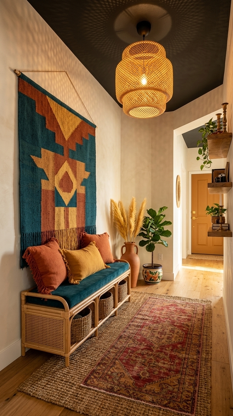 An incredibly lifelike, richly detailed, photorealistic wide-angle interior photograph of a welcoming, vibrant bohemian entryway and mudroom oasis set in a soulful urban home. The scene is illuminated by gentle late-afternoon golden sunlight streaming in from an adjacent hallway and the warm glow of an artisanal woven wicker pendant light, creating a cozy, free-spirited, and deeply inviting atmosphere. Captured with a 35mm lens at f/2.8 aperture, emphasizing key textures and details like raw jute, lush velvet, intricate knotwork, and leafy botanical fronds.

Reimagining this once-stark hallway, the space becomes a sanctuary of global influences and organic warmth. The dark, dated front door is refinished in a rich, matte honey-teak tone equipped with antiqued brass hardware, instantly softening the entrance. The plain walls are elevated with a warm, micro-textured limewash in a soft off-white cream tone, serving as a soothing canvas for rich accent colors. 

Dominating the central wall is a breathtaking, oversized woven fiber wall tapestry featuring bold geometric patterns in deep ocean teal, sun-baked rust, and warm mustard yellow. This artistic focal point effortlessly disguises any wall utilities while adding immense warmth and tactile depth. Beneath it rests a handcrafted rattan storage bench fitted with a tailored cushion in deep teal velvet, dressed with fringed throw pillows in burnt orange and mustard linens. Beneath the bench, textured seagrass baskets offer stylish, functional storage for footwear.

The ceiling light is transformed from a bare bulb into a sweeping, tiered rattan basket fixture that casts intricate, dappled light patterns across the upper walls and ceiling. On the floor, natural wide-plank honey oak wood is luxuriously layered—a foundational chunky jute rug topped diagonally with a soft, faded vintage Persian-style runner brimming with rich crimson and ochre tones.

To the right of the bench, a tall terracotta floor vase overflows with feathery, golden-hued pampas grass, while a lush fiddle-leaf fig in a hand-painted ceramic planter brings vibrant natural energy to the corner. Floating natural mango wood shelves hold a curated collection of vintage brass candleholders, small potted trailing pothos plants, and travel-collected art objects. 

The spatial layout achieves a harmonious balance between functionality and bohemian relaxed charm. Designed with human scale at its heart, the space offers an effortless ritual of homecoming: a place to sit, store belongings, and immediately feel surrounded by texture, color, and natural beauty.