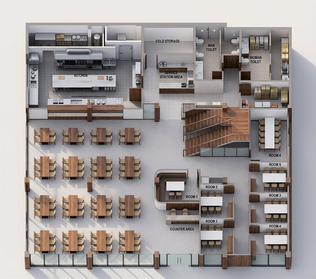 An incredibly lifelike, richly detailed, photorealistic isometric cutaway photograph of a modern Korean restaurant set in a sleek urban commercial interior. The scene is illuminated by bright natural daylight streaming through full-height Xingfa aluminum-framed glass facades alongside soft, ambient recessed ceiling spotlights, creating a warm, tranquil, and upscale luxury atmosphere. Captured with a professional 35mm tilt-shift architectural lens, emphasizing the rich grain of polished walnut wood, smooth light gray porcelain floor tiles, and immaculate spatial geometry. 

With the roof and front walls cut away in a dramatic 3/4 section perspective, the entire ground floor layout unfolds in vivid detail. The expansive main dining hall features meticulously arranged walnut dining tables surrounded by comfortable beige upholstered chairs. A streamlined reception counter area greets visitors near the frameless glass entrance, leading toward seven distinct private dining suites finished with minimalist white and warm gray walls. Behind the main hall, a fully equipped commercial kitchen, cold storage unit, and service station sparkle with industrial precision, complemented by neatly finished restrooms and a central walnut staircase rising gracefully toward the second floor.