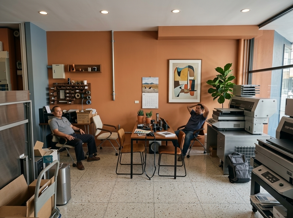 An incredibly lifelike, richly detailed, photorealistic wide-angle interior shot of a mid-century modern workshop set in a stylishly reimagined creative studio. The scene is illuminated by soft, natural daylight streaming through a large glass facade paired with warm recessed lighting, creating a calm, inspiring, and professional atmosphere. Captured with a 35mm lens, emphasizing the natural warmth of teak and walnut woods, rich textile textures, and polished terrazzo flooring. 

This functional yet sleek workshop expertly merges retro charm with clean, uncluttered design. The walls feature a palette of earthy tones, warm terracotta oranges, and subtle muted blues, anchored by a large, framed abstract painting that serves as a sophisticated focal point. Replacing industrial clutter are sleek teak wood workstations and iconic mid-century modern chairs boasting ergonomic, organic silhouettes. Crisp walnut credenzas and linear open shelving display curated design objects, a pristine photography book, and neatly integrated tools. Lush indoor plants—such as a tall fiddle-leaf fig and potted succulents—introduce lively natural elements. Every surface remains effortlessly clean, striking a perfect balance between creative craftsmanship, timeless aesthetic elegance, and human-centered functionality.