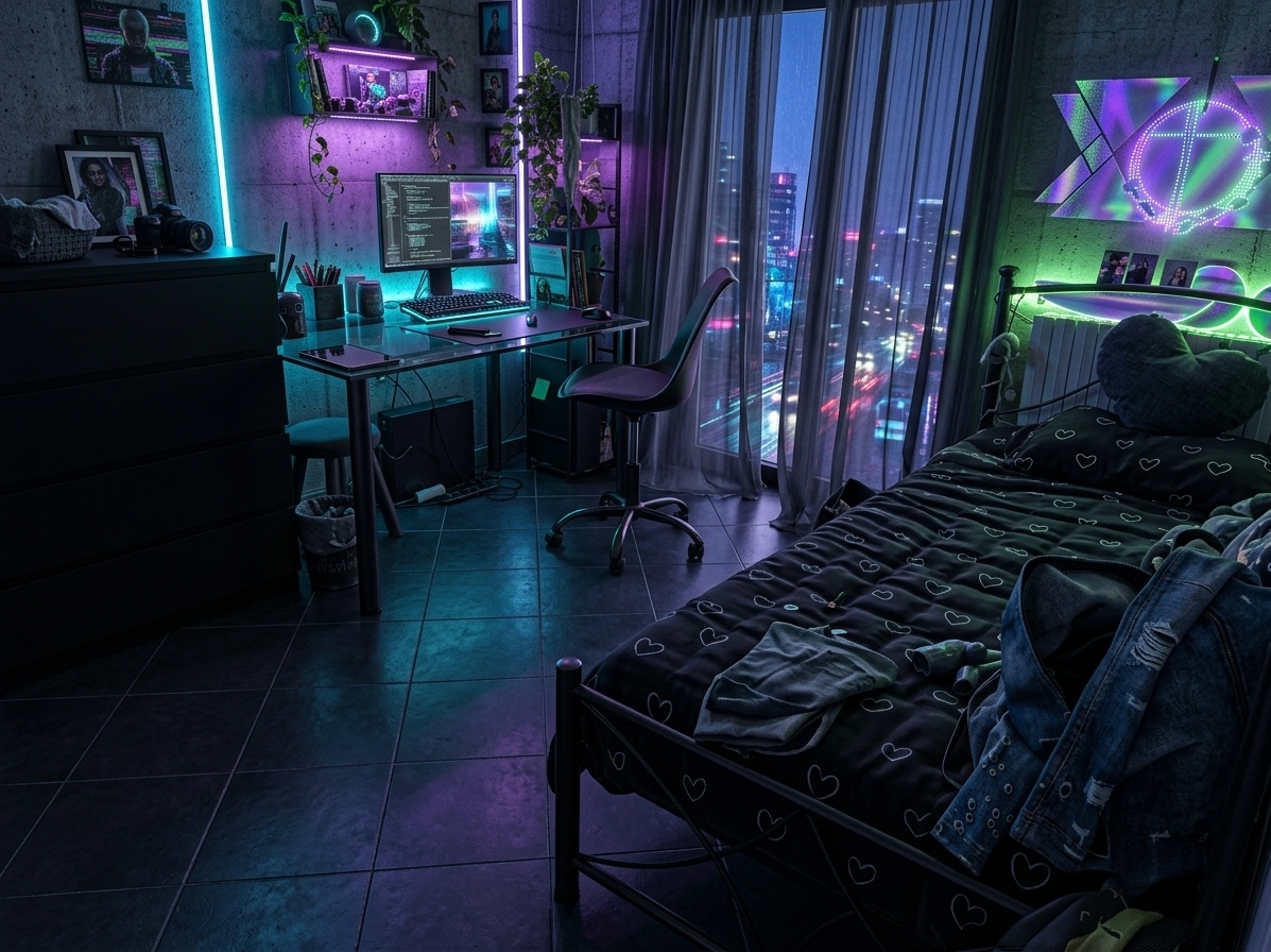 An incredibly lifelike, richly detailed, photorealistic wide-angle interior photograph of a reimagined home office set in a sleek urban apartment. The scene is illuminated by customizable LED strips in vivid shades of electric blue, pulsing purple, and bright neon green, contrasting against deep charcoal and matte black surfaces to create a bold, tech-infused, and energetic atmosphere. Captured with a 24mm f/2.8 wide-angle lens, emphasizing the high-contrast textures of raw exposed concrete walls, brushed metal furniture, and glowing light accents, the bedroom and workstation seamlessly fuse cyberpunk aesthetics with industrial grunge. 

In this elevated spatial layout, the former simple wooden desk is replaced by an ergonomic floating workstation composed of dark steel and tinted tempered glass, housing dual ultra-wide monitors displaying complex code and vibrant futuristic artwork. On the desk sits an open, glossy photography book featuring low-light urban nightscapes alongside a mechanical keyboard glowing in cyan light. Hovering above the sleek matte-black bed, an expansive piece of holographic wall art shifts hues from violet to iridescent green depending on the viewing angle. Exposed metallic piping and open steel shelving display a curated mix of vintage cyber-tech artifacts, graphic novels, and thriving indoor plants—like trailing pothos and a monstera—illuminated by soft purple UV growth lights. Distressed dark slate tile flooring anchors the room, while sheer graphite curtains drape across the floor-to-ceiling glass balcony doors, offering a captivating view out toward a rain-slicked, neon-lit urban skyline at dusk.