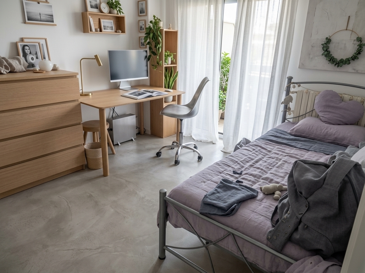 An incredibly lifelike, richly detailed, photorealistic wide-angle interior photograph of a reimagined minimalist study room set in a serene, contemporary urban sanctuary. The scene is illuminated by soft mid-morning sunlight filtering through sheer white linen drapery, creating a serene, zen-inspired atmosphere. Captured with a 24mm tilt-shift architectural lens, emphasizing the matte white oak surfaces, smooth micro-cement flooring, and fine textile weaves. 

This streamlined minimalist haven transforms the once-cluttered bedroom into a harmonious work-rest space utilizing a serene color palette of crisp whites, soft cool grays, and subtle pastel accents. In place of bulky furniture, a sleek floating white-oak desk is paired with an ergonomic, brushed-metal modern swivel chair, establishing a clutter-free study zone featuring only an ultra-thin display, a minimalist brass desk lamp, and an open fine-art photography book. Above the low-profile modern platform bed—dressed in layers of muted lavender and washed slate linens—a singular, large-scale abstract wall art canvas commands the wall with delicate wash tones. Minimal decor, including a slender ceramic vase and a lush potted snake plant on a floating shelf, infuses natural vitality into the room. Through the expansive floor-to-ceiling glass sliding doors, a quiet balcony with lush green foliage grounds the interior in peaceful outdoor connection, achieving an airy, perfectly balanced environment tailored for quiet focus and elegant relaxation.