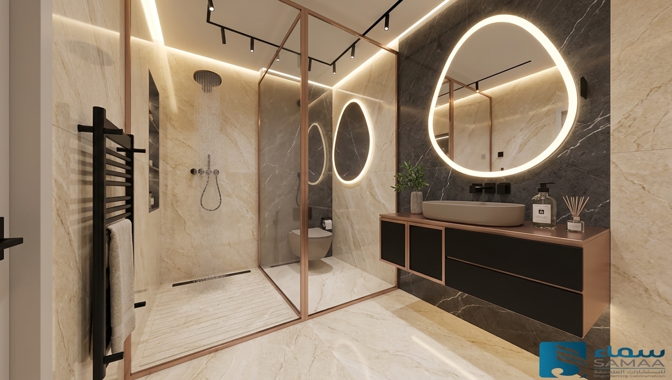 An incredibly lifelike, richly detailed, photorealistic wide-angle interior photograph of a luxurious hotel bathroom set in an upscale modern fusion suite. The scene is illuminated by soft, warm perimeter LED cove lighting, backlit organic mirror halo lights, and sleek black ceiling track spotlights, creating a serene, high-end spa atmosphere. Captured with a 24mm architectural lens, emphasizing polished natural stone surfaces, sleek matte black hardware, and brushed rose-gold metallic trims. The main flooring and surrounding walls are clad in polished Cream Marfil marble with delicate cream and beige veining, while the accent wall behind the floating black vanity features deep, sophisticated Pietra Grey marble with crisp white veining. Inside the glass-enclosed shower cabinet, a harmonious mix of Cream Marfil and Pietra Grey marble panels coats the walls and shower tray, perfectly framed by warm rose-gold glass partitions for an atmosphere of refined elegance and contemporary luxury.