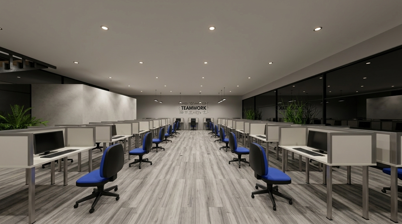 An incredibly lifelike, richly detailed, photorealistic wide-angle interior shot of a modern open-plan corporate office set in a sleek urban commercial center. The scene is illuminated by a balanced combination of soft daylight filtering through black-tinted glazing and warm-neutral recessed ceiling downlights, creating a sophisticated and focused atmosphere. Captured with a 24mm architectural wide-angle lens at eye level, emphasizing the tactile textures of the light grey wood-grain flooring, matte worktops, and subtle material reflections.

Positioned symmetrically from the entrance looking straight down the central circulation path, two long banks of streamlined workstations line the space. Each workstation features matte off-white surfaces supported by brushed-metal legs, fitted with dark monitors that catch subtle ambient screen sheens. Vibrant royal-blue and black ergonomic task chairs are neatly arranged at each station, casting soft contact shadows onto the detailed, individually varied wood planks below. To the right, floor-to-ceiling opaque tinted glass walls reflect interior fixtures and desks with muted elegance, while a clean, light grey feature wall at the far end prominently displays a modern "TEAMWORK" graphic. Lush green potted foliage on the left introduces a fresh natural touch to this bright, minimalist interior haven.