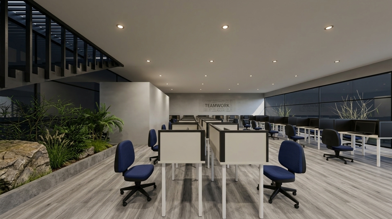 An incredibly lifelike, richly detailed, photorealistic wide-angle interior shot of a modern open-plan office set in a minimalist corporate environment. The scene is illuminated by a balanced combination of soft daylight filtering through dark-tinted floor-to-ceiling windows and warm-neutral recessed ceiling downlights, creating a focused, refined, and professional atmosphere. Captured with a wide 24mm architectural camera lens, emphasizing crisp linear symmetry, realistic material contrast, and depth of field...

The eye-level view looks directly down a wide central circulation aisle bounded by two perfectly aligned rows of collaborative workstations. Each workstation is fitted with matte off-white surfaces, sleek white powder-coated legs, dark privacy monitor surrounds, and vibrant navy-blue fabric task chairs with black ergonomic frames and rolling casters. On the left, an indoor biophilic rock garden filled with natural stone and lush green foliage brings a grounding natural contrast beneath an angled black structural staircase element. The light-grey wood-look plank flooring exhibits realistic grain variation and soft contact shadows cast by the surrounding furniture. Deep in the perspective, the polished light-grey rear accent wall prominently displays a subtle typographic 'TEAMWORK' art piece, anchoring the symmetrical layout of this modern workplace.
