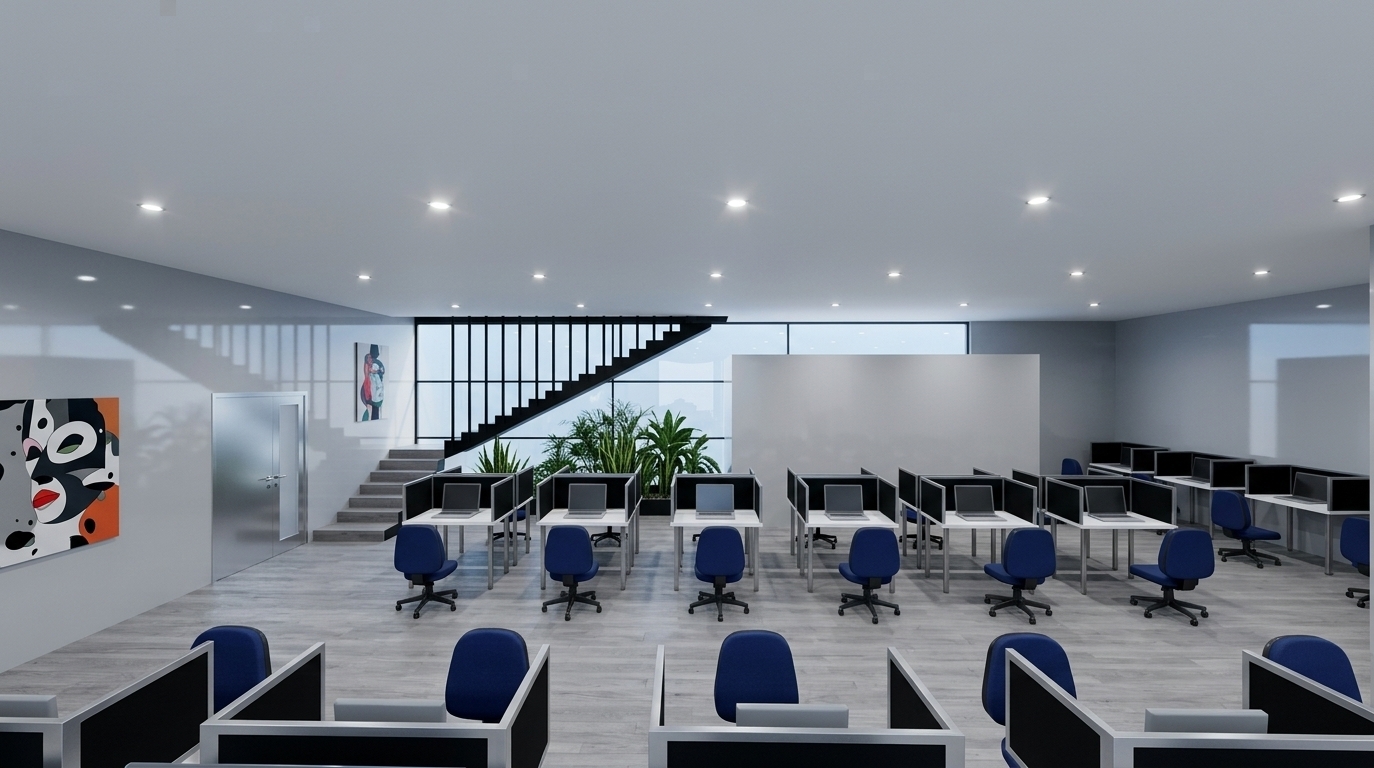 An incredibly lifelike, richly detailed, photorealistic wide-angle interior photo of a contemporary open-plan coworking space set in a modern minimalist corporate environment. The scene is illuminated by evenly spaced recessed 4000K LED downlights and soft cool daylight filtering through the expansive rear glazing, creating a calm, focused, and upscale atmosphere. Captured with a professional 24mm architectural tilt-shift lens, emphasizing rich material textures, crisp parallel lines, and soft ray-traced shadows throughout. The layout features pristine parallel rows of workstations with low-gloss white laminate surfaces, slim brushed-metal legs, matte-black acoustic privacy dividers, and vibrant navy-blue ergonomic task chairs smoothly positioned over light grey wood plank flooring. To the left, a smooth, high-gloss light grey wall displays a bold contemporary abstract artwork next to a minimalist silver door. In the background, a dramatic black staircase with slender vertical balusters ascends past a lush indoor garden nested under the stairs, while subtle ceiling glares and natural ambient light bounces off polished surfaces, completing this sophisticated, high-end commercial haven.