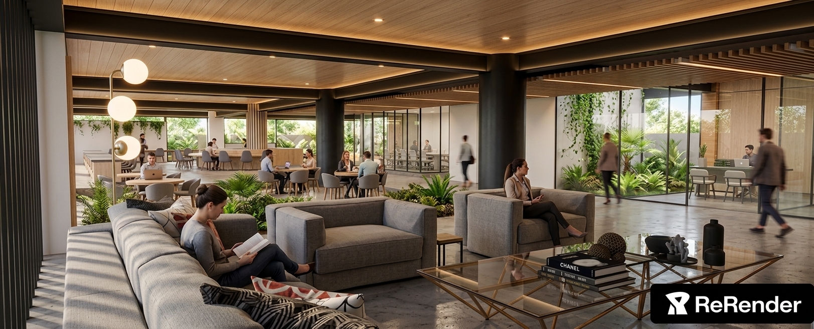 A high-end professional architectural photograph capturing the spacious modern office lounge from the exact camera angle, perspective, and composition shown, featuring structural ceiling beams finished in a sleek matte black that contrast elegantly with light natural wood slatted ceiling paneling illuminated by warm cove lighting and soft recessed spotlights. The interior accent walls are wrapped in matching light wood paneling, introducing tactile grain textures throughout the open space. Bright, natural daylight filters through the expansive glass partitions, blending smoothly with warm 3000K interior ambient light to cast soft reflections across the polished micro-cement flooring. The gray fabric upholstery on the lounge sectionals and armchairs displays realistic woven micro-textures with subtle organic creases, while lush green indoor plants add vibrant life to the neutral palette. Shot with a professional 24mm tilt-shift lens on a full-frame camera, the scene exhibits precise vertical alignment, subtle natural lens vignetting, fine atmospheric grain, and believable depth of field.