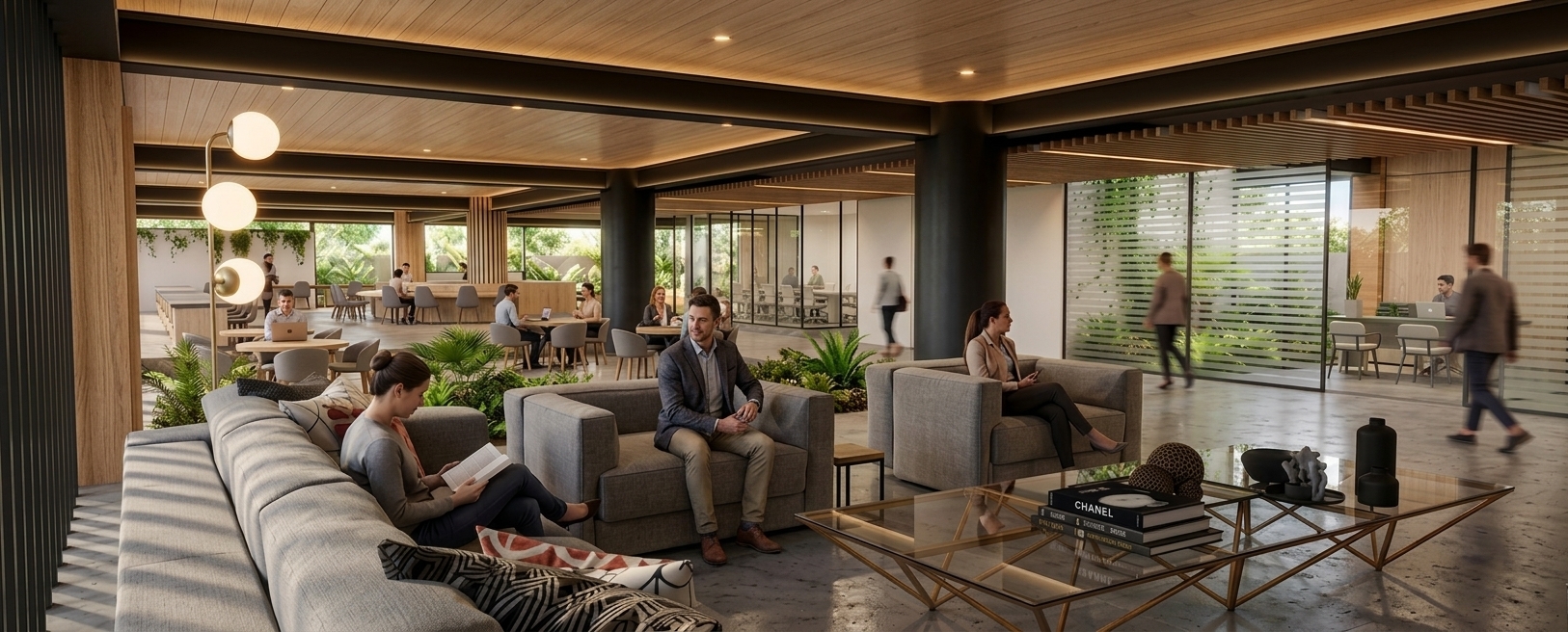 A wide-angle architectural photograph captures this modern interior lounge with absolute fidelity to the original geometry, perspective, and spatial layout, featuring three prominent circular columns finished in smooth matte black that softly absorb ambient light. The far back wall on the left side is clad in rich, warm vertical wood paneling that seamlessly matches the tone and texture of the slatted wooden ceiling overhead. The glass partition of the front office on the right is rendered with frosted, opalized louver-style glass, scattering soft interior light through semi-translucent horizontal privacy strips. A man sits comfortably in the central grey armchair, blending naturally into the scene alongside the existing occupants. Polished concrete flooring exhibits realistic micro-surface imperfections, subtle scuffs, and glossy reflections from ambient recessed downlights and natural daylight spilling from the garden courtyard. The brass-framed glass coffee table in the foreground shows delicate micro-reflections and tiny dust specks, while the grey fabric upholstery displays detailed tactile weave textures and soft folds. Shot with a professional architectural lens, the image features balanced natural lighting, mild film grain, subtle edge chromatic aberration, and a gentle vignette, capturing a truly authentic, photographic atmosphere.