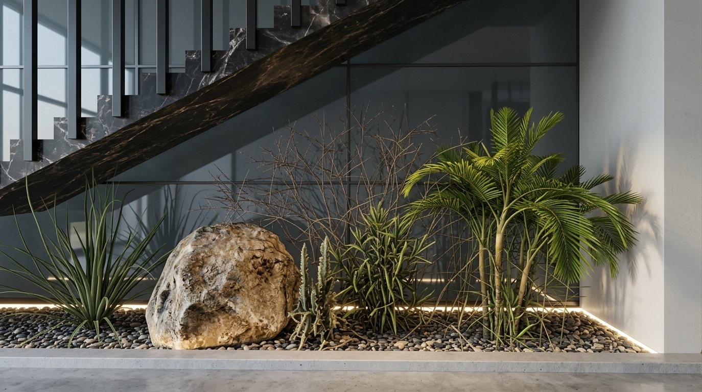 An incredibly lifelike, richly detailed, photorealistic interior architectural shot of a premium biophilic landscape feature set in a minimalist corporate coworking space. The scene is illuminated by a harmonious blend of soft cool diffuse daylight filtering through floor-to-ceiling glass and warm-neutral 4000K accent light from a recessed floor fixture, creating a serene, modern, and tranquil atmosphere. Captured with a professional 50mm architectural lens, emphasizing the dark, veined marble stair soffit, matte-black metal balusters, and tactile, multi-toned river gravel.

Positioned gracefully beneath the sleek diagonal underside of the dark marble staircase, the recessed garden is contained within a crisp, light-gray concrete planter border. A substantial weathered boulder with rich, earthy mineral textures grounds the composition, surrounded by meticulously arranged greenery. To the left, sculptural spiky foliage emerges sharply from the gravel, while slender bare ornamental branches reach upward against the dark-tinted opaque glass backdrop. On the right, a mature multi-stem indoor palm spreads vibrant, detailed fronds that catch delicate warm highlights. Soft directional shadows from the vertical balusters fall gently across the scene, while subtle, low-gloss reflections along the marble stair soffit enhance the depth and refined elegance of this indoor oasis.
