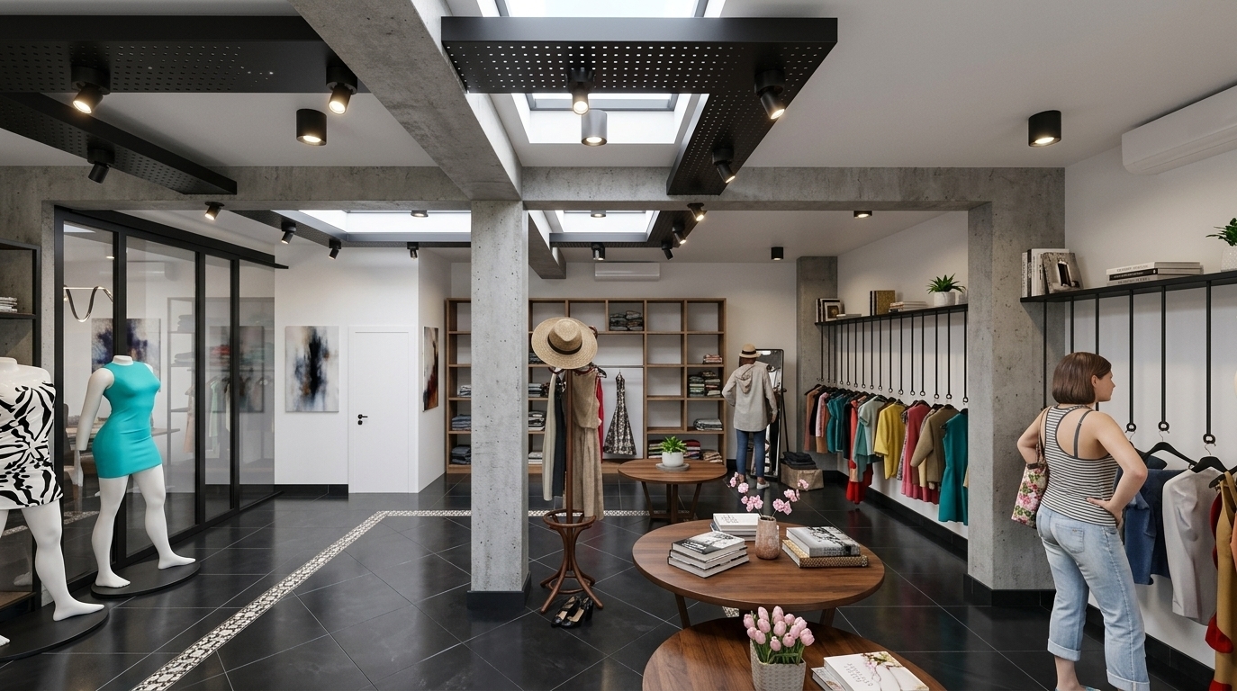 An incredibly lifelike, richly detailed, photorealistic wide-angle interior photo of a modern fusion clothing store set in a bustling urban shopping area. The scene is illuminated by bright midday summer light blending harmoniously with sleek ceiling-mounted track spotlights, creating a clean, dynamic, and welcoming atmosphere. Captured with a professional 24mm architectural lens, emphasizing the tactile textures of raw concrete pillars, warm wooden display furniture, and matte black metallic racks. This open-concept, industrial-inspired interior showcases a sleek color palette of black, white, and subtle concrete greys, vividly energized by vibrant accents from boutique apparel, bright turquoise and zebra-patterned mannequin dresses, and delicate pink blossoms on warm wood tables. Geometric layout details—such as smooth dark floor tiles bordered by intricate mosaic inlay work, modular shelving, and glass partitions displaying abstract wall art—accentuate the contemporary design. Minimal yet impactful decor, including curated photography books and touches of lush greenery, completes this ultra-stylish, highly refined retail experience.