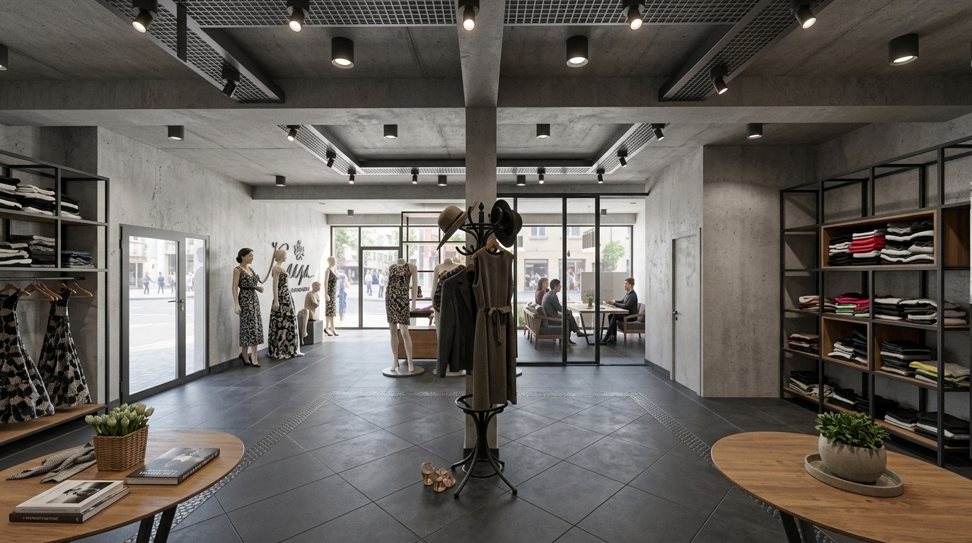 An incredibly lifelike, richly detailed, photorealistic wide-angle interior photo of a boutique clothing store set in a dynamic urban district. The scene is illuminated by crisp midday natural light filtering through expansive glass storefronts alongside soft spotlighting, creating a bright, sophisticated atmosphere. Captured with a professional wide-angle lens, emphasizing the contrast between tactile raw concrete, smooth wooden surfaces, and sleek black metallic framing. This modern fusion space embraces an open-concept, industrial-inspired layout featuring clean geometric lines and modular black steel clothing racks stocked with neatly folded apparel in shades of black, white, and vibrant accents. In the foreground, smooth wooden display tables present lush greenery in a ceramic pot and curated photography books alongside minimal yet impactful decor. A bold central black iron coat rack stands on dark grey tile flooring bordered by subtle geometric tile trim, while stylish mannequins display colorful, patterned dresses against concrete walls highlighted by understated abstract wall art branding. Glazed glass partitions seamlessly reveal a modern consultation office in the background, perfectly balancing contemporary luxury with clean, urban functionality.