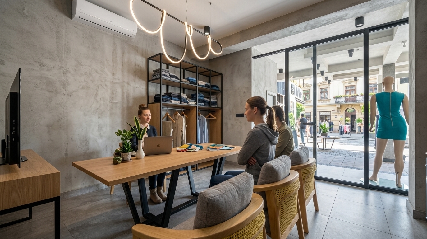 An incredibly lifelike, richly detailed, photorealistic eye-level interior photo of a chic modern fusion clothing store and design studio set in a vibrant urban environment. The scene is illuminated by bright midday natural sunlight streaming through expansive storefront windows, perfectly blended with the soft glow of a custom sculptural LED loop pendant overhead, creating a sleek, dynamic, and sophisticated atmosphere. Captured with a professional 24mm wide-angle architectural lens, emphasizing tactile industrial concrete plaster walls, smooth matte wood finishes, dark geometric steel framing, and refined tile flooring. At the center, a long wooden consultation table anchored by bold black metal legs hosts a collaborative client discussion complete with a laptop, colorful fabric swatches, and small potted lush greenery. Surrounding this open-concept layout are modular black-framed display racks showcasing curated clothing, elegant light-wood armchairs with soft yellow woven seating, and a striking glass facade revealing a mannequin in a vibrant teal dress against the sunlit outdoor streetscape.