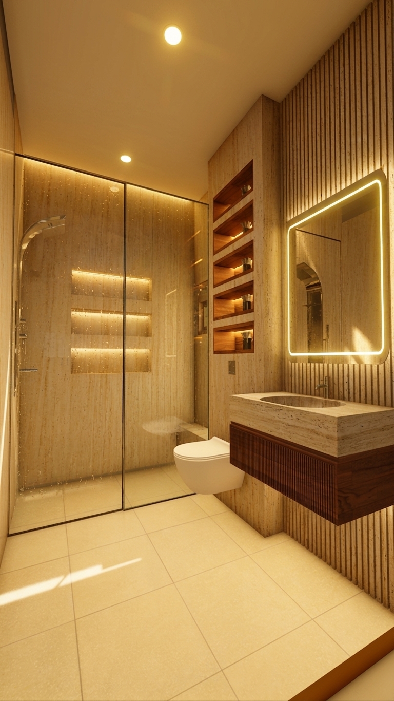 A professionally captured architectural photograph of the modern luxury bathroom, bathed in rich, cozy warm yellow light with an inviting color temperature around 2700 Kelvin. The enhanced ambient lighting casts soft golden glows from the backlit rounded rectangular mirror, the warmly illuminated recessed walnut shelving column, and the shower wall niches, creating a soothing, high-end spa atmosphere. Softly diffused warm illumination from the recessed ceiling spotlights washes down over the pale ceramic floor tiles, highlighting the realistic porous micro-textures and subtle veining of the beige travertine stone walls and vertical fluted paneling. The dark walnut vanity unit exhibits rich, natural wood grain with soft light sheen, while the white porcelain toilet displays delicate subsurface scattering. Captured with a crisp wide-angle architectural camera lens, featuring natural shadow depth, faint blooming around the light sources, subtle water-spot reflections on the shower glass, and gentle lens vignetting that brings depth and realistic warmth to the scene.