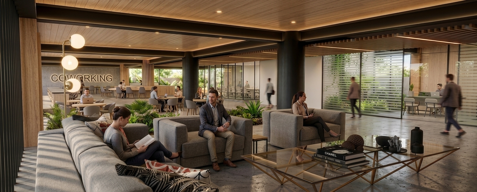 A wide-angle architectural photograph capturing the expansive modern interior lounge with precise perspective, identical camera angle, and exact spatial layout. Ambient daylight from outdoor courtyards blends seamlessly with warm 3000K recessed downlights set within rich slatted wood ceiling panels, casting realistic reflections across the polished concrete floor with subtle scuffs and sheen variations. On the far-left background wall, clean dimensional modern signage spelling Coworking is mounted subtly against the wall surface. In the background circular work zone, lush potted plants and foliage branch out naturally from the internal garden beds. The glass partition of the background right boardroom is finished with translucent frosted horizontal blind-style etched stripes for privacy. For the office glass enclosure on the right, the panel directly facing the green courtyard is crystal-clear and transparent to showcase the foliage, while the adjacent glass panels feature the frosted horizontal louver pattern. People in natural business casual attire inhabit the space, with realistic fabric textures on the lounge seating and subtle reflections on glass table surfaces. Captured with a tilt-shift architectural lens, exhibiting true photographic realism through soft depth of field, fine film grain, faint edge vignetting, and realistic surface micro-textures.