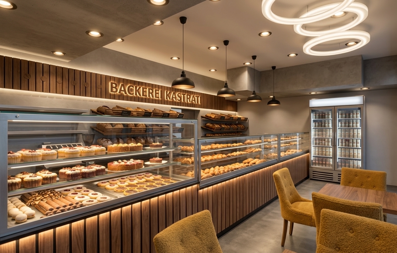 An incredibly lifelike, richly detailed, photorealistic wide-angle interior photo of a sleek bakery cafe titled "BACKEREI KASTRATI" set in a modern urban boutique. The scene is illuminated by warm recessed ceiling spotlights, soft under-counter LED strip lighting, matte-black pendant lights, and futuristic halo ring fixtures, creating an inviting, cozy, and sophisticated atmosphere. Captured with a 24mm tilt-shift architectural lens, emphasizing the rich textures of vertical wood-slatted counters, smooth gray concrete finishes, polished glass displays, and plush golden-yellow bouclé upholstered chairs. Long, pristine glass showcases present meticulously arranged arrays of colorful frosted pastries, artisan bread loaves, and golden croissants, while backlit wooden signage warmly highlights the shop's brand. To the right, streamlined seating features minimalist wooden tables accompanied by vibrant mustard-toned accent chairs, offering a serene, elegant space that seamlessly balances modern functionality with welcoming aesthetic charm.