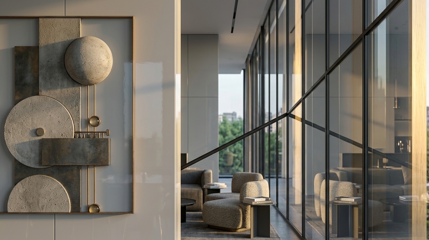 An incredibly lifelike, richly detailed, photorealistic architectural detail shot of a refined modern office lounge set in a luxury contemporary coworking space. The scene is illuminated by warm late-afternoon natural sunlight entering from the right and intersecting cool neutral 4000K ambient interior light, creating a serene, sophisticated atmosphere. Captured with a 50mm tilt-shift architectural lens, emphasizing the tactile relief of the abstract art, glass reflections, and sleek metal accents...

Preserving the exact framing, wall proportions, and minimalist composition of the original view, the space centers on a light gray high-gloss wall framed by a dark-tinted glass curtain wall on the right. A sleek, black metal railing cuts a crisp diagonal across the vertical glazing divisions, enhancing the structural elegance of the interior. Mounted on the left is a vertically oriented abstract art piece in a slim dark frame, its rich, textured geometric relief coming alive as a warm 4500–5000K band of golden sunlight washes across the wall, frame edge, and canvas surface. Ray-traced global illumination creates soft-edged light shapes, realistic bounce light, and subtle surface reflections that highlight the high-gloss wall finish while maintaining gentle shadow falloffs. Designed as an elevated minimalist haven, this refined corporate interior balances functional elegance, deep material texture, and dynamic natural light to deliver a quiet, inspiring visual harmony.