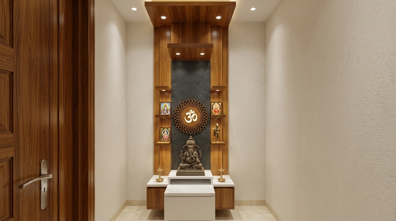 An incredibly lifelike, richly detailed, photorealistic straight-on interior photo of a contemporary Indian shrine alcove set in a tranquil modern exhibition space. The scene is illuminated by warm recessed spotlights and soft midday ambient glow, creating a serene, spiritual, and reverent atmosphere. Captured with a 35mm lens, emphasizing rich teak wood grains, smooth white marble counters, and intricately carved brass accents, the floor-to-ceiling custom timber unit frames a multi-tiered mandir anchored by a detailed stone statue of Lord Ganesha resting on a crisp white pedestal. Directly above, a laser-cut wood panel displays a glowing geometric mandala surrounding a sacred Om symbol. Symmetry defines the design, with narrow floating shelves showcasing colorful framed deity portraits and a handcrafted figurine, balanced by polished brass oil lamps below. To the left, a heavy paneled teak door with brushed silver hardware adds depth and architectural richness, while smooth off-white walls contrast beautifully against the warm, opulent woodwork and dark slate backdrop.