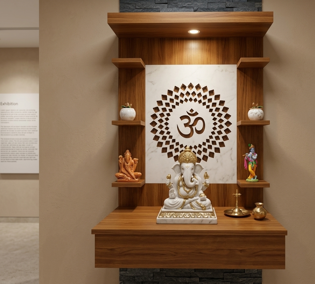 An incredibly lifelike, richly detailed, photorealistic eye-level interior photo of a spiritual Indian puja shrine niche set in a modern exhibition space. The scene is illuminated by a warm, recessed ceiling downlight combined with ambient midday brightness, creating a serene, spiritual, and opulently warm atmosphere. Captured with a 50mm architectural prime lens, emphasizing the rich teak wood grain, polished brass reflections, and intricate white marble carvings. 

At the center sits a beautifully detailed white marble Lord Ganesha idol resting upon a sleek, floating teakwood altar. Behind the idol, a crisp white backplate is adorned with an ornate, laser-cut wooden Om symbol framed by a radial mandala of lotus petal motifs. Flanking the central shrine are multi-tiered, floating wooden shelves displaying sacred artifacts, including a vibrant statue of Lord Krishna, delicate white porcelain accents, and traditional handcrafted brass ritual vessels. Dark, textured slate stone cladding peek out from behind the top and bottom of the wooden frame, adding rich depth and textural contrast against the surrounding warm beige walls to embody a celebration of Indian exuberance and sacred craft.