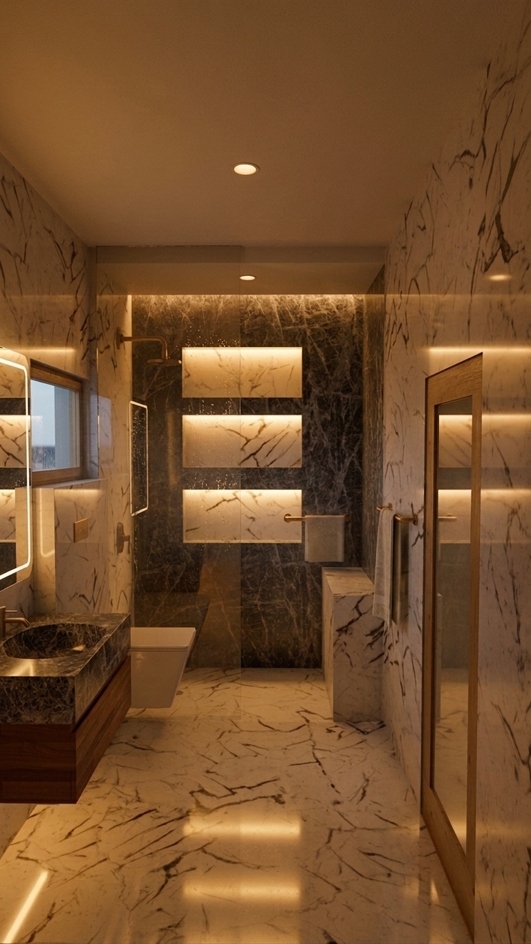 A professional architectural photograph capturing this exact modern bathroom in a warm, ultra-cozy atmosphere illuminated by soft, inviting lighting. Retain the precise structural layout, camera angle, geometry, materials, floating vanity, recessed niches, and glass shower partition without any changes. The space is bathed in a luxurious 2700K golden light radiating from the integrated LED strip lights under the wall niches, the halo behind the mirror, and subtle ceiling spotlights that cast gentle, diffuse shadows. The polished white marble floor and walls feature rich, authentic veining and glossy reflections catching the ambient warm glow, complete with natural real-world imperfections like fine surface micro-scratches and faint mist droplets on the glass partition. The dark marble vanity top and shower accent wall reveal deep tactile grain under the warm light, perfectly harmonizing with the rich wood grain on the floating cabinet and brushed brass fixtures. Captured with a wide-angle 24mm lens at f/8 for sharp edge-to-edge detail, the image exhibits realistic photographic qualities including smooth tonal transitions, subtle film grain in the softest shadows, and a faint natural vignette framing the intimate scene.