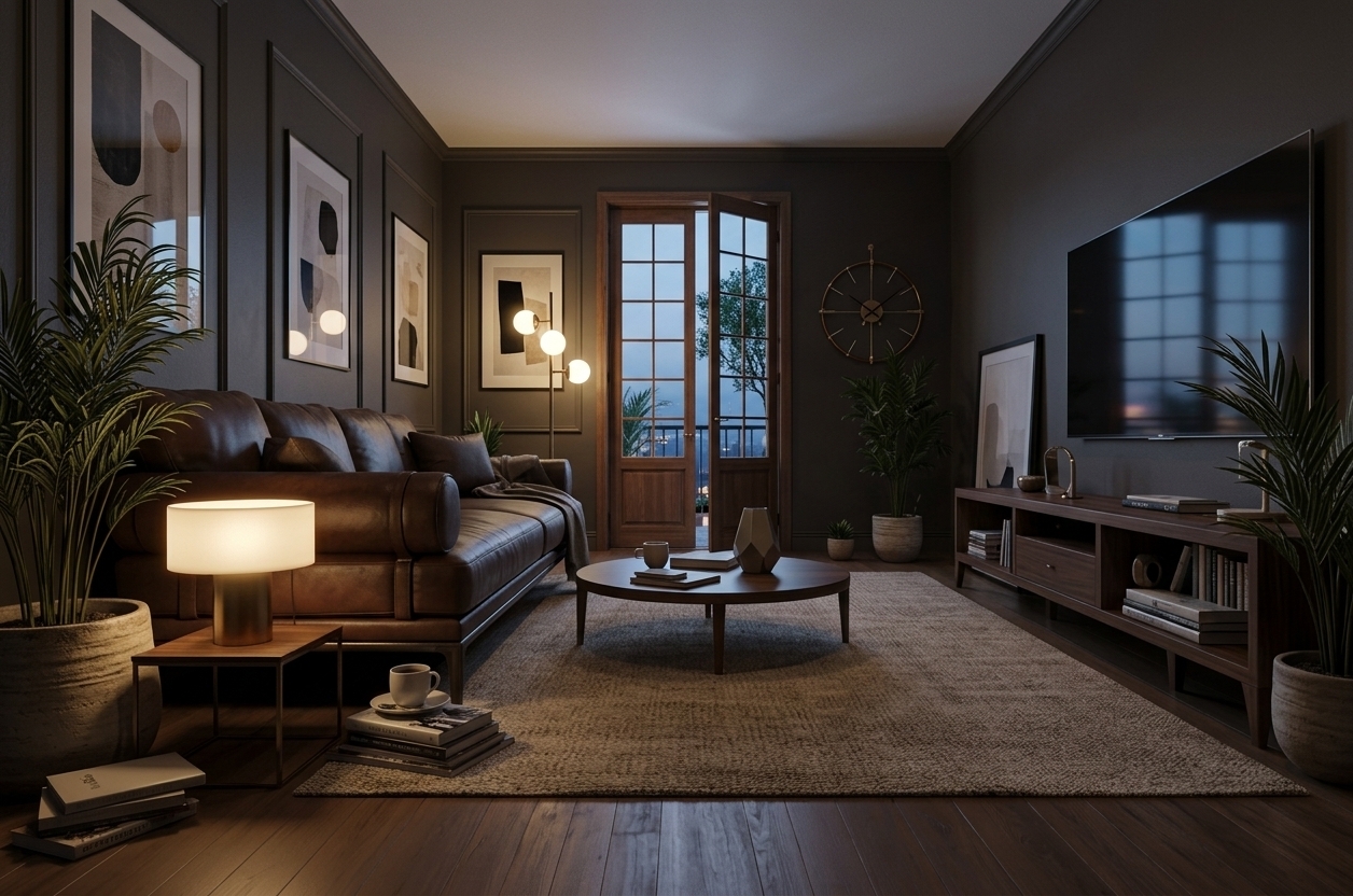An incredibly lifelike, richly detailed, photorealistic wide-angle interior photo of a moody living room set in a sleek urban residence at nightfall. The scene is illuminated by the warm, inviting ambient glow of a streamlined table lamp juxtaposed against cool, pale twilight filtering through glass-paned French doors, creating a nostalgic and subtly retro-futuristic atmosphere. Captured with a 35mm prime lens with a gentle depth of field, emphasizing the supple texture of dark leather furniture, the fine leaves of a potted indoor palm, and the smooth finish of dark wood floorboards. Mid-century and space-age design influences define the layout, featuring geometric lines, a low-profile side table holding neatly stacked photography books, and an understated coffee table resting on a plush rug. A set of tall French doors stands slightly open in the background, offering a glimpse of a softly lit balcony and seamlessly balancing the deep shadows and warm interior highlights.