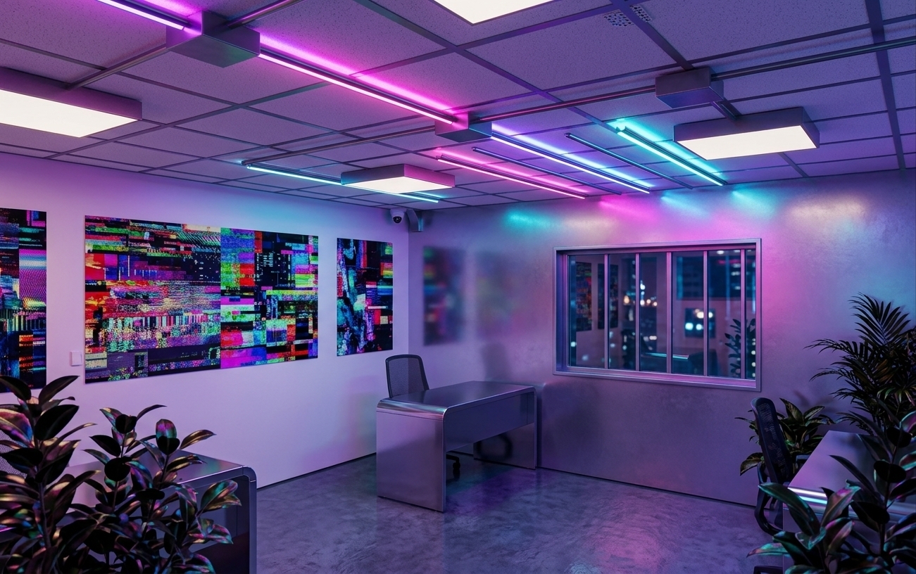 An incredibly lifelike, richly detailed, photorealistic wide-angle interior photograph of a modern home office set in a vibrant techno-wonderland. The scene is illuminated by overhead panel lights and pulsating ambient neon strips casting vivid magenta, cyan, and electric violet glows, creating a dynamic, surreal, and immersive atmosphere. Captured with a 24mm architectural tilt-shift lens, emphasizing sleek metallic conduit lines across the grid ceiling, glossy plastic surfaces, and striking glitch art wall pieces. Modular metallic workstations and ergonomic plastic furniture sit elegantly within the room, surrounded by techno-inspired decor and holographic accents. Adding a touch of natural harmony, lush indoor plants catch the colorful reflections, blending organic greenery with high-contrast neon hues and futuristic digital design.