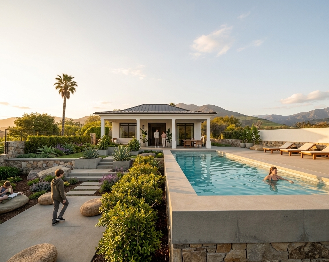 An incredibly lifelike, richly detailed, photorealistic wide-angle exterior architectural photo of a modern fusion villa featuring a sleek swimming pool, spacious open-concept porch, and layered manicured gardens set in a serene spring hillside environment. The scene is illuminated by the soft, golden glow of a late afternoon sunset, creating a warm, tranquil, and luxurious atmosphere. Captured with a 24mm tilt-shift lens, emphasizing smooth concrete pool coping, crisp white structural columns, dark metallic roof accents, and vibrant lush greenery. The bold, geometric structure seamlessly blends crisp shades of black and white with warm wooden sun loungers and subtle metallic fixtures, topped with a clean hip roof housing a cozy attic space. Pristine, clear turquoise water fills the raised pool where a swimmer enjoys the evening, while the lower lawn features minimal yet impactful woven pouf seating, smooth stone walls, and a tall palm tree standing gracefully against the distant mountain backdrop.