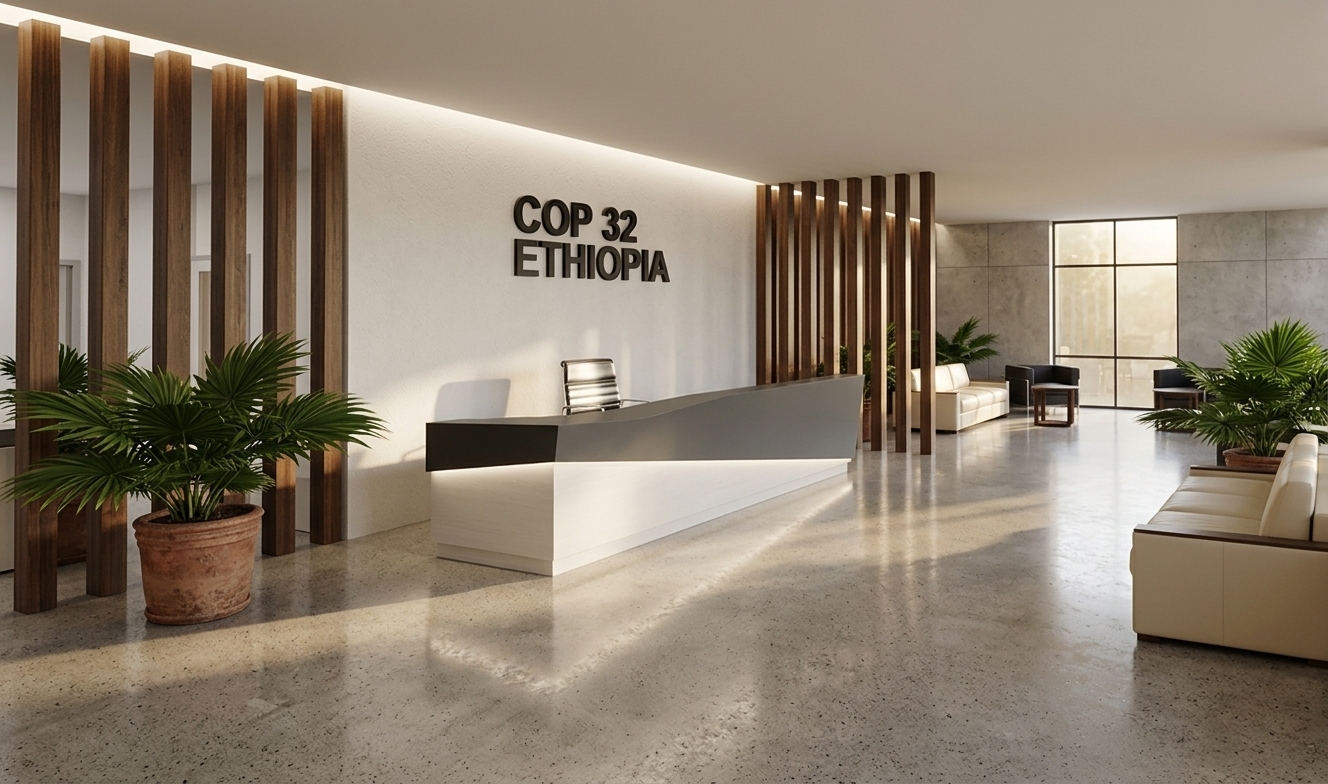An incredibly lifelike, richly detailed, photorealistic wide-angle interior view of a luxurious modern fusion reception and lobby area in an upscale coworking center set in an executive pavilion. The scene is illuminated by soft diffuse recessed downlights and natural sunlight streaming from expansive background windows, creating an elegant, welcoming, and high-end atmosphere. Captured with a 24mm architectural tilt-shift lens, emphasizing smooth matte finishes, natural wooden textures, and rich biophilic accents, the center stage features a pristine white feature wall adorned with bold, raised black lettering that reads "COP 32 ETHIOPIA". Directly in front, a sleek, custom-built reception desk gracefully curves with a charcoal-gray top anchored over a soft-white illuminated base. Slender, dark-stained timber slatted screens flank the central wall, subtly dividing the spacious hall while maintaining visual continuity. Vibrant, lush tropical plants in polished terracotta pots add fresh natural color, complementing the polished micro-cement flooring that gently reflects the ambient lighting. In the background, cozy lounge zones outfitted with premium cream leather couches and dark contemporary armchairs offer an inviting, professional retreat.