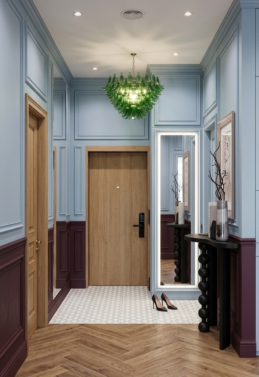 An incredibly lifelike, richly detailed, photorealistic eye-level interior photo of a chic modern fusion apartment entry foyer set in a high-end urban residence. The scene is illuminated by gentle summer midday light blended with warm embedded architectural lighting, creating a refined and inviting atmosphere. Captured with a professional 35mm lens, emphasizing rich tactile natural oak grains, matte painted wall moldings, and glowing ambient reflections. The space retains its striking palette of deep plum-burgundy wainscoted walls paired with soft powder-blue cornices and a built-in blue storage volume. The flooring transitions seamlessly from crisp, light-toned ceramic tiles featuring a delicate mini-diamond pattern at the entrance to exquisite natural oak herringbone parquet in the foreground. Natural oak interior doors complement the warm timber flooring, while the front entrance door is fitted with a modern black smart lock featuring an illuminated digital touch-screen panel. Overhead, a vibrant green glass feather chandelier hangs gracefully alongside two minimalist recessed ceiling spotlights and a small round flush vent grille. To the side, a tall floor-to-ceiling mirror radiates with enhanced, soft LED backlighting. A sculpted black console table—lowered to a perfectly balanced height—is styled with curated contemporary vases and artful decor, while a pair of sleek, designer women's heels rests near the entryway, imparting a subtle, fashion-forward lived-in charm.