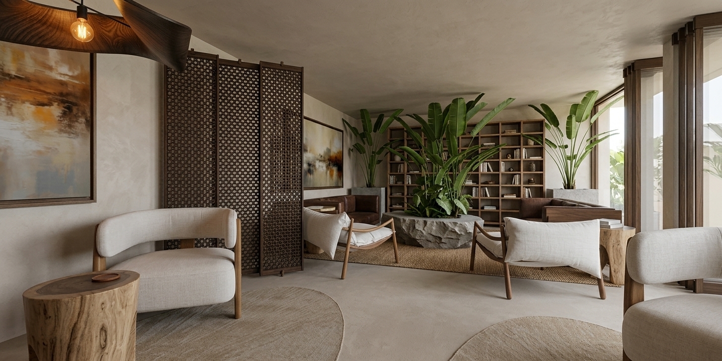A professional architectural interior photograph capturing a serene luxury library lounge, preserving the exact layout, camera angle, wide perspective, and composition of the original scene. The grid-like dark wooden shelving unit in the background is filled with a rich collection of books with varied spines, resting neatly behind lush green tropical banana foliage growing from a chiseled natural grey stone planter base. The room features soft, light beige plaster walls with subtle hand-troweled micro-textures, smooth light grey microcement floors, and natural wood furniture including light oak stump side tables showing organic tree rings and grain. Foreground and midground feature low lounge chairs with tactile light-toned linen fabric cushions and smooth wooden frames, alongside an intricate dark woven rattan folding screen. The scene is illuminated by gentle, diffused daylight filtering through the space, complemented by a warm amber filament bulb glowing within the dark, sculpted wooden ceiling pendant light in the upper left, casting soft, realistic shadows and ambient light across the room. Captured with a professional wide-angle lens, exhibiting realistic depth of field, crisp material physics, subtle vignetting, and authentic photographic warmth.