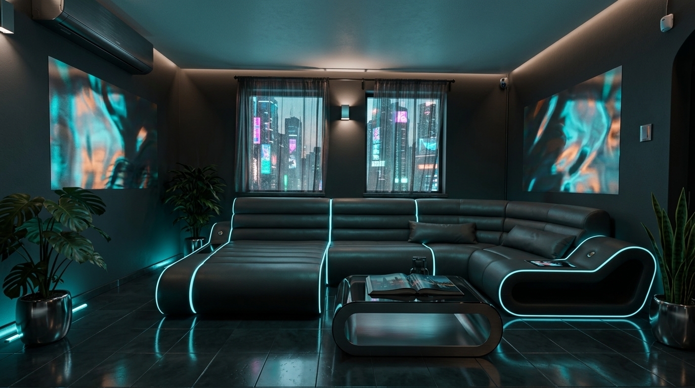 An incredibly lifelike, richly detailed, photorealistic wide-angle interior photograph of a neon noir living room set in a high-tech urban penthouse overlooking a rainy, futuristic metropolis. The scene is illuminated by moody low-key ambient lighting infused with glowing electric cyan and vibrant orange neon accents, creating a dark, gritty, and ultra-sleek atmosphere. Captured with a 24mm f/2.8 lens, emphasizing matte black micro-cement walls, polished dark slate reflections, brushed gunmetal, and glowing iridescent details. 

The original space is reimagined into a cybernetic sanctuary where matte charcoal walls are adorned with mesmerizing, dynamic holographic wall art that casts shifting light across the room. Replaced by a low-profile, modular sectional upholstered in dark graphite leather with integrated cyan light piping, the seating area surrounds a sleek smoked glass and brushed steel coffee table. Atop the table rests an oversized glossy photography book featuring moody cityscape photography alongside minimalist industrial decor. In place of small traditional windows, grand floor-to-ceiling smart glass panels reveal a dramatic view of rain-slicked skyscrapers blanketed in holographic neon advertisements. Deep green indoor plants in polished chrome planters sit in the corners, illuminated from below by subtle floor LEDs to add natural warmth to the dark, high-tech industrial aesthetic.