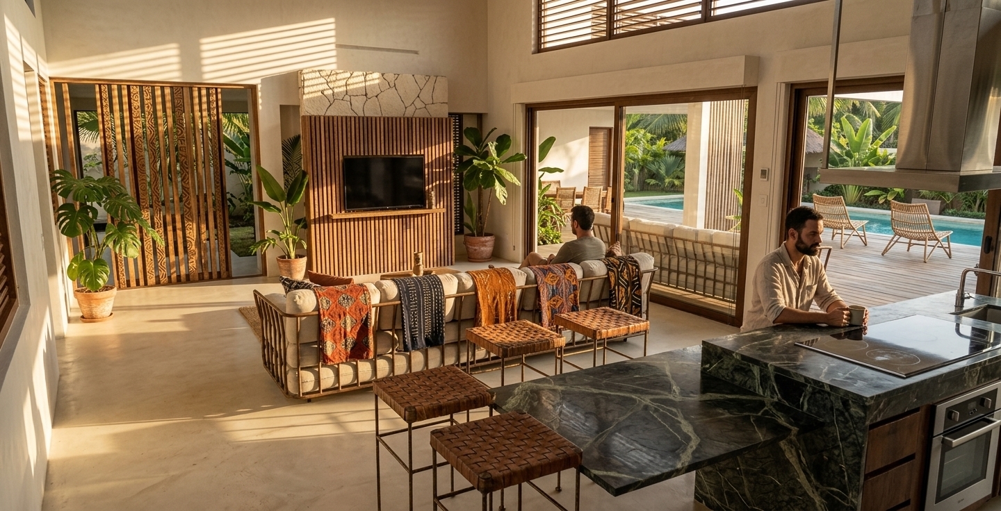 An incredibly lifelike, richly detailed, photorealistic wide-angle interior photo of a Bohemian-Chic living room blended with Neo-African design, set in a sun-drenched tropical villa sanctuary. The scene is illuminated by warm, late-afternoon golden hour sunlight casting intricate geometric shadows through ornate ventilated wooden screens, creating a serene, exotic, and sophisticated atmosphere. Captured with a 24mm f/2.8 architectural lens, emphasizing raw timber textures, hand-woven rattan, lush botanical fronds, and rich, vibrant African textiles. 

The spacious layout retains immaculate, lime-washed off-white walls that serve as a clean backdrop for a traveler's trove of global treasures. Intricately carved, ventilated wooden panels with traditional African geometric cutouts partition the open space while maintaining breezy air circulation. A low-profile modular sectional sofa is draped in bold, vivid African Wax print and Bogolan mudcloth cushions featuring terracotta, deep indigo, and burnt saffron hues. Multi-layered indoor greenery fills every corner with towering Ficus trees, giant Monstera, and leafy banana plants, framing wide sliding glass doors that open to a tranquil turquoise lap pool and palm-lined garden. A dark quartz kitchen counter with woven leather barstools anchors the foreground, offering an inviting, harmonious fusion of modern functional luxury and rich cultural craftsmanship.