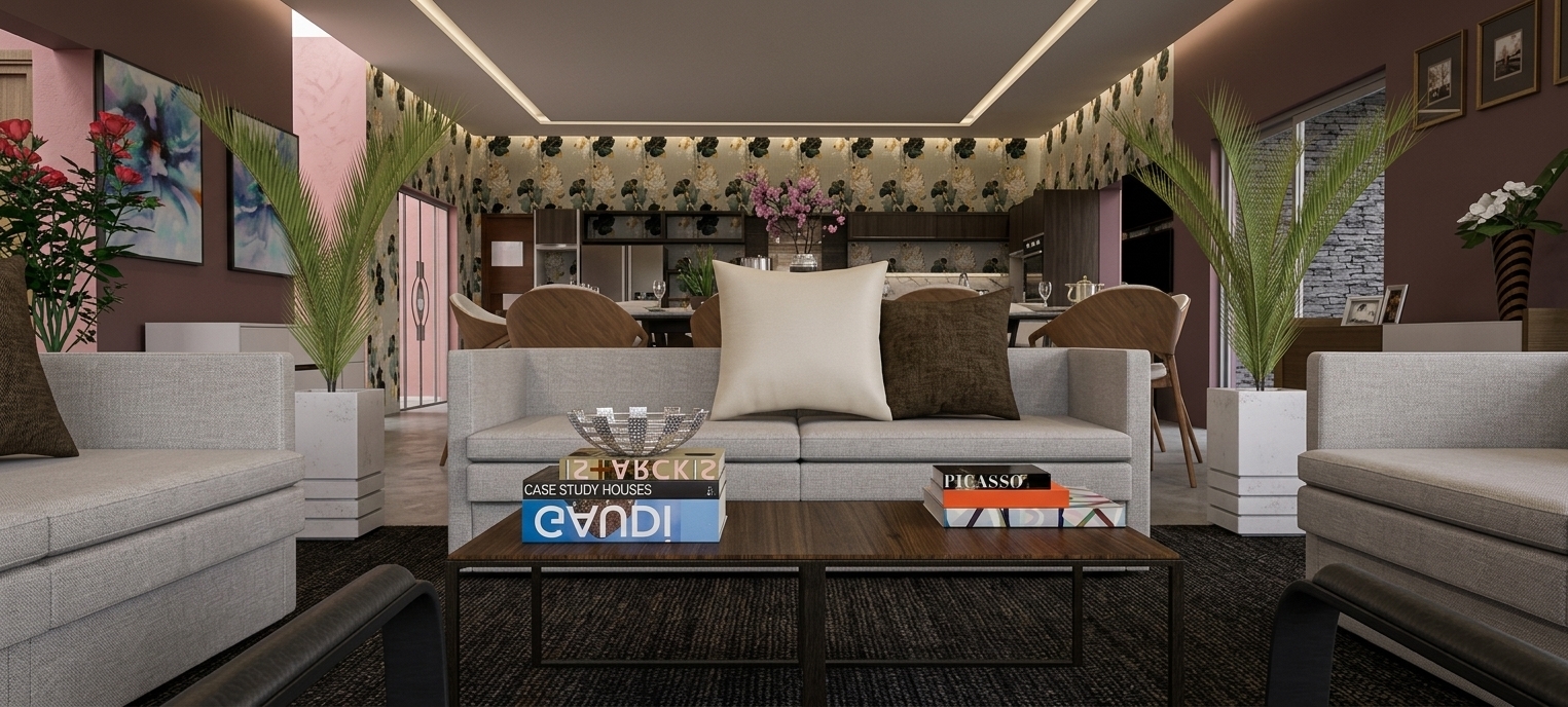 A professional high-end interior architectural photograph capturing the exact integrated living, dining, and kitchen layout from a perfectly centered, symmetrical eye-level perspective. Soft, warm recessed ceiling downlights cast subtle, realistic pools of illumination onto key areas, enhancing the atmospheric depth throughout the open-plan space. The central sofa is upholstered in a soft off-white woven fabric with detailed micro-texture and gentle fabric folds, featuring a smooth cream pillow and a dark textured accent pillow. The dark walnut coffee table exhibits a refined low-gloss sheen along its realistic wood grain, holding crisp art book covers and a matte white decorative bowl reflecting gentle ambient light. Tall potted palms in smooth, semi-matte white planters flank the middle ground, showcasing lifelike leaf textures and natural green gradients. The rear dining area and kitchen reveal realistic dark wood finishes, refined matte cabinetry, and a subtle paper texture on the botanical wallpaper backdrop. Shot with a broad architectural lens with deep depth of field, natural light falloff, gentle shadows, and realistic surface micro-imperfections, creating an authentic, beautifully lit scene.