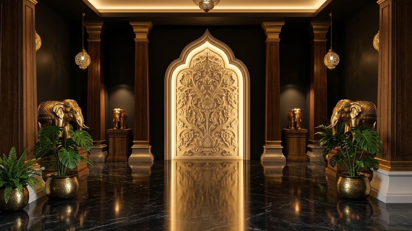 An incredibly lifelike, richly detailed, photorealistic wide-angle front view of a lavish Thai-inspired luxury hotel lobby feature wall set in an exclusive indoor sanctuary. The scene is illuminated by warm, layered architectural lighting, soft backlit LED coves, and the glowing radiance of hanging brass filigree lanterns, creating a regal, serene, and ultra-luxurious atmosphere. Captured with a professional full-frame camera and a 24mm tilt-shift lens angled slightly downward by about 10 to 15 degrees, emphasizing the reflective depth of the dark floor, the intricate hand-gilded *Lai Thai* woodwork, and the polished brass trims.

The composition centers on a majestic arched niche inspired by traditional Thai temple architecture and premier hospitality design, such as Bangkok’s finest luxury resorts. The central wall features an exquisite, creamy-white plaster relief carving with delicate Thai floral and lotus motifs, haloed by a smooth, warm golden backlight that casts a dramatic, soft-focused glow outward. 

Flanking the center are majestic, dark teakwood pilasters adorned with carved golden kapitels and trim. In the symmetrical side alcoves, meticulously sculpted gold elephant statues sit on raised timber pedestals, subtly highlighted by directional spotlights above. At the base, lush green monstera plants and leafy ferns rest inside heavy, hand-hammered brass pots, introducing vibrant organic textures to the rich architectural ensemble.

The floor, occupying approximately two-thirds of the lower perspective, is crafted from dark obsidian-like polished marble with subtle gray veining. It features an extraordinary central floor inlay—a grand, handcrafted *Lai Thai* scrolling medallion embellished with gold leaf and brass trim. The high-gloss finish creates flawless mirror-like reflections of the glowing arched niches, the hanging lanterns, and the warm ceiling cove light, heightening the room's Art Deco glamour and sense of grand ceremonial elegance.