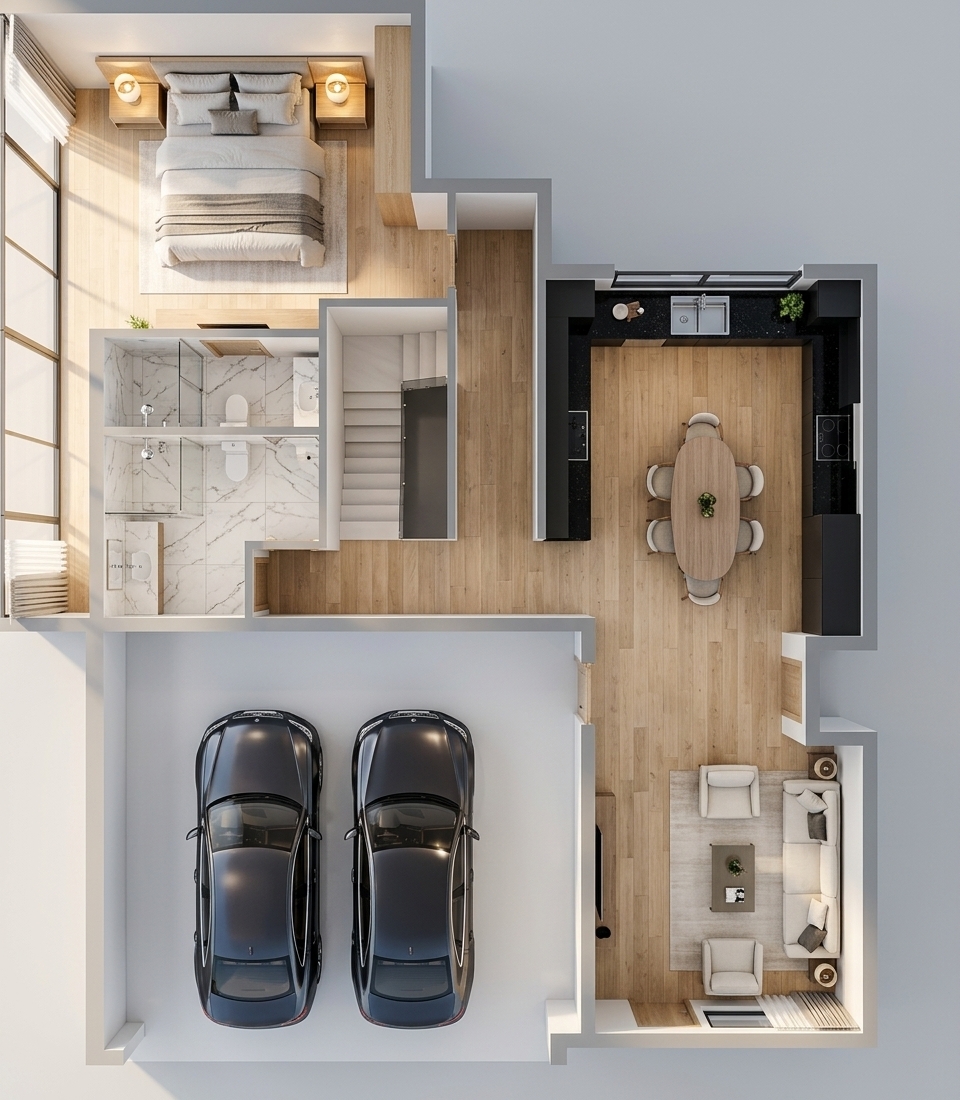 An incredibly lifelike, richly detailed, photorealistic top-down architectural plan photo of a modern luxury hotel suite and residence set in an upscale minimalist sanctuary environment. The scene is illuminated by soft, diffuse ambient overhead light complemented by gentle warm sunlight streaming through expansive glass windows, creating a serene, inviting, and sophisticated atmosphere. Captured with a professional high-resolution camera mounted overhead on a high-precision studio rig, emphasizing smooth light-oak wood grains, pristine matte-white walls, reflective black granite countertops, and fine leather and fabric upholstery.

This overhead perspective reveals a perfectly organized, multi-zone living space with exceptional spatial clarity and natural depth. In the top-left suite, a king-sized bed is meticulously made with crisp, layered white linens and plush pillows, flanked by warm timber nightstands housing glowing ambient lamps. To the top-right, a second quiet bedroom features a tailored bed layout with clean geometric bedding and minimalist wooden accents. 

In the central core, a sleek floating staircase with dark-stained wooden treads and glass balustrades sits adjacent to two compact, high-end restrooms finished with elegant white marble tile flooring, frameless glass shower enclosures, polished chrome fixtures, and minimalist porcelain vanities. 

The main living quarter seamlessly connects an open-concept kitchen, dining, and lounge area. The kitchen area boasts seamless dark granite worktops, an integrated cooktop, stainless steel double sink, and matte-black cabinetry. Adjacent sits an elegant oval wooden dining table surrounded by six Scandinavian-style designer chairs resting on light timber flooring. Further down, the spacious living room is anchored by a comfortable off-white sectional sofa, plush matching armchairs, a low-profile coffee table, and a wall-mounted media console.

Occupying the lower-left section is a private double garage with a smooth, light-gray polished epoxy floor. Two dark, metallic-painted modern sedans are neatly parked side-by-side, their smooth curves and tinted glass catching subtle specular highlights from above. Every detail—from the distinct floor level indications to the tactile fabric textures—is rendered in sharp focus with a clear, realistic architectural depth of field.