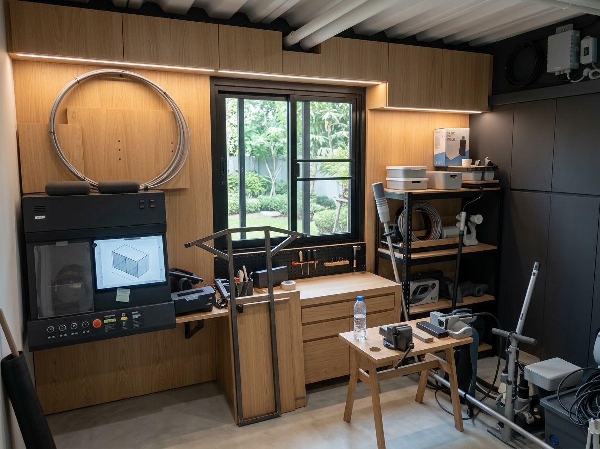 An incredibly lifelike, richly detailed, photorealistic wide-angle interior photo of a transformed modern workshop set in a serene urban home studio. The scene is illuminated by soft daylight streaming through an enlarged black-framed window paired with subtle, warm LED strip lighting integrated under floating cabinets, creating a calm, inspiring, and ultra-organized atmosphere. Captured with a 24mm tilt-shift lens, emphasizing the seamless woodwork joinery, smooth microcement surfaces, and pristine matte finishes...

This minimalist haven re-imagines the once-cluttered storage room into a sleek, highly organized master workshop. The walls are now lined with abundant, flush-mounted wall cabinets featuring push-to-open doors crafted from a mix of light Scandinavian oak and dark charcoal matte panels, completely concealing all machinery, materials, and tools for a distraction-free aesthetic. A central solid oak workbench with built-in storage drawers provides a pristine workspace, flanked by a precise, neatly arranged black metal pegboard wall section for essential hand tools. Smooth, light-gray polished concrete floors replace the cluttered ground, reflecting soft ambient light, while the expanded window offers calming views of a tranquil garden outside, creating a perfectly balanced studio designed for focused craftsmanship.